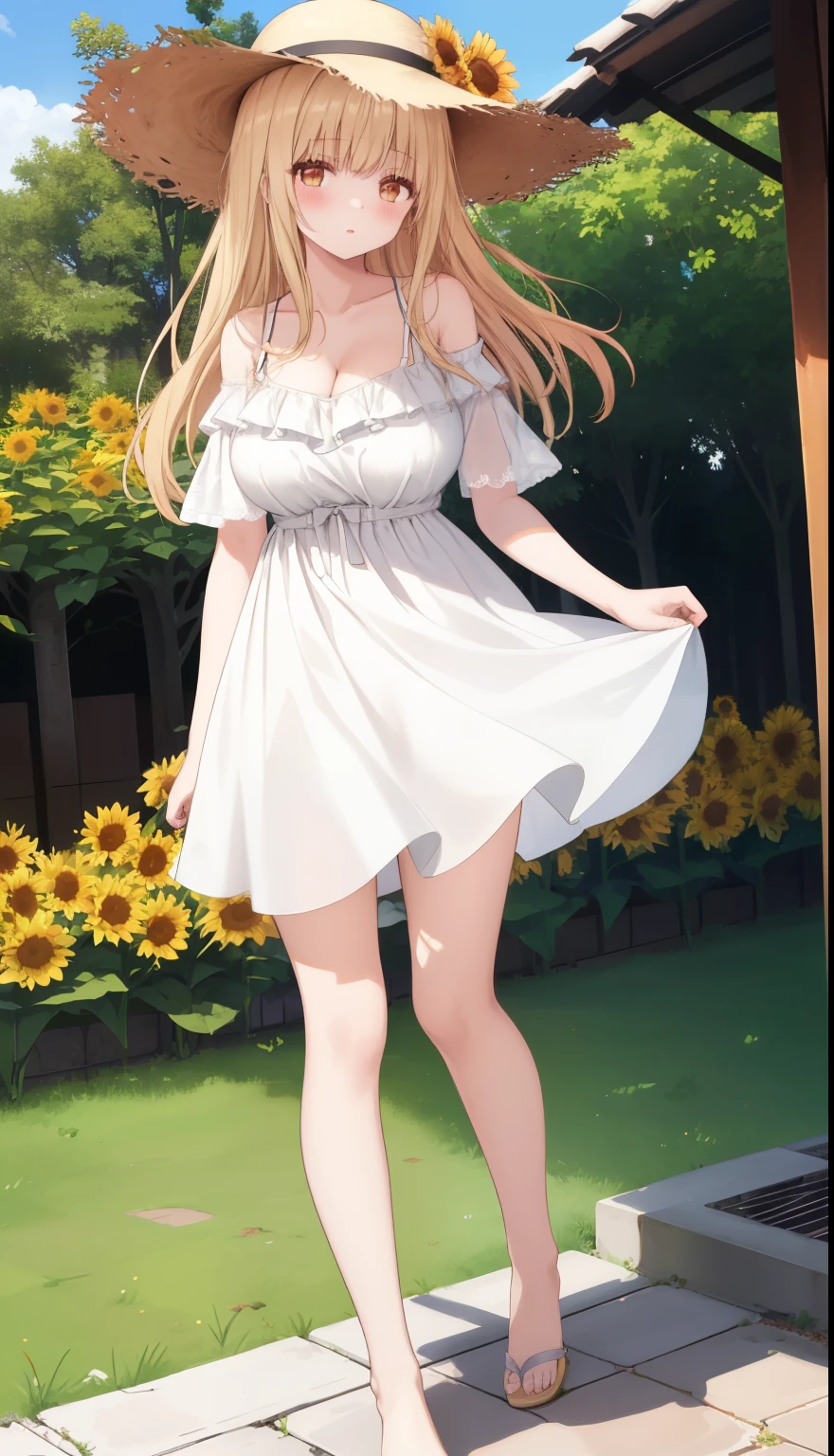 One Girl、Blonde、Long Hair、Shiina Mayu、positive、Standing posture、Full body portrait、Medium Haircut、blush、Absolute area、No panties、No bra、barefoot、White dress、Off-the-shoulder dress、（Very large breasts）、Cleavage、((Lesbians around the world))、masterpiece、（highest quality）、barefoot、White Sandals、Bare your breasts、sunflower、Outdoor、Very short skirt、Thighs、Straw hat、((Exposing the breasts))、((Bare your breasts))、Showing nipples