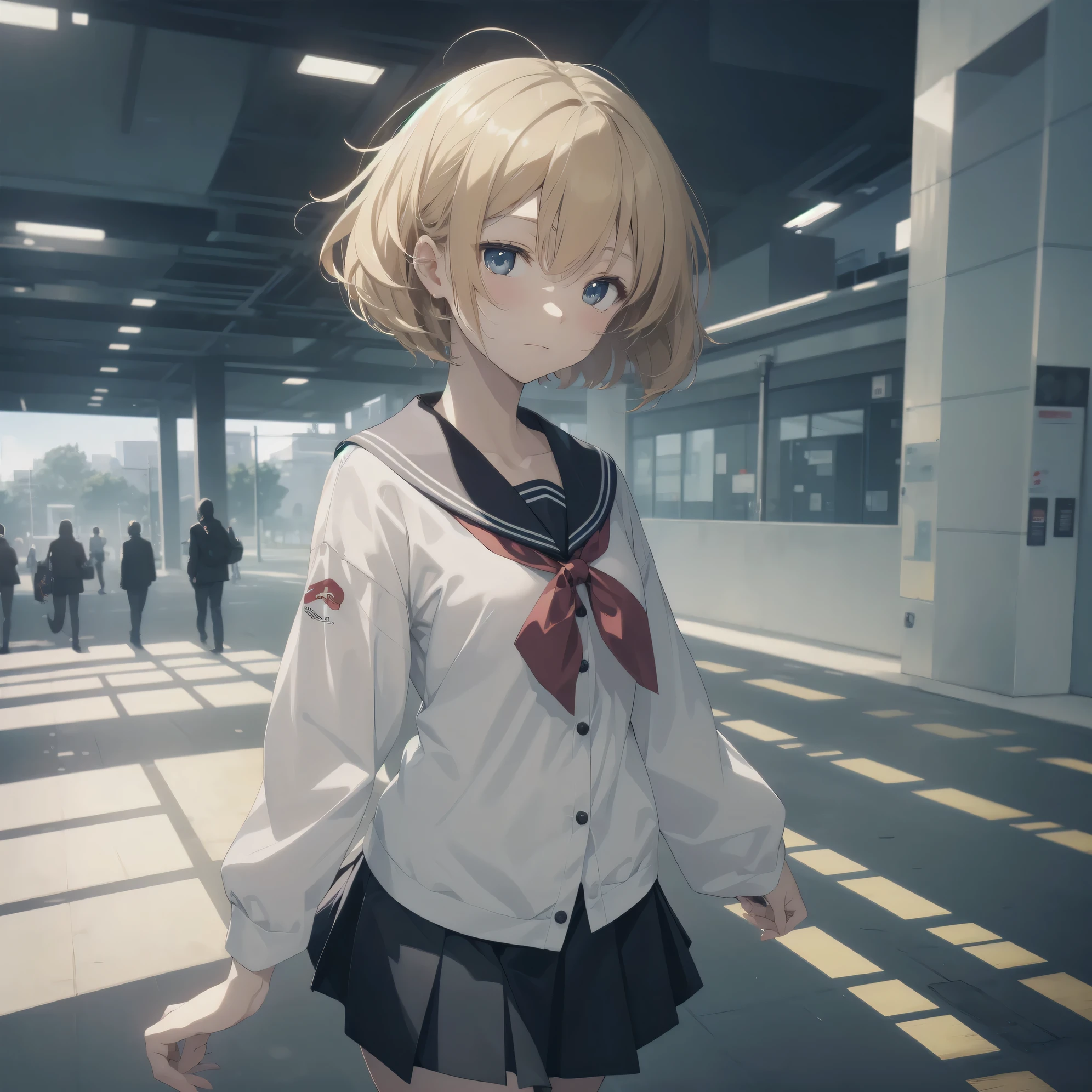 ultra-absurdres-Top quality by artist God, ultra-detailed, high resolution, anime moe artstyle, best anime 8k konachan wallpaper, pixiv contest winner, pool:2810, perfect anatomy,break, 1girl, (Please draw a girl walking sleepily to school alone. )break,(Solo,little female, 13-year-old:1.3),Full limbs, complete fingers,a junior high school student, (very short hair), short cut, flat chest, , small butt, small black eyes, beautiful detailed eyes, well-proportioned iris and pupils, expressive eyes, highres detailed hair, soft expression, salor school_uniform, sailor collar, serahuku, bow, pleated skirt,(Detailed Lighting), (Detailed background), in the School commute route. break,super detailed skin, Best cinematic lighting powered by famous artist, 8k,beauty illustration,photoshop_(medium),very aesthetic,break,((artist:neocoill )), artist:clamp ,artist:carnelian ,artist:kantoku ,