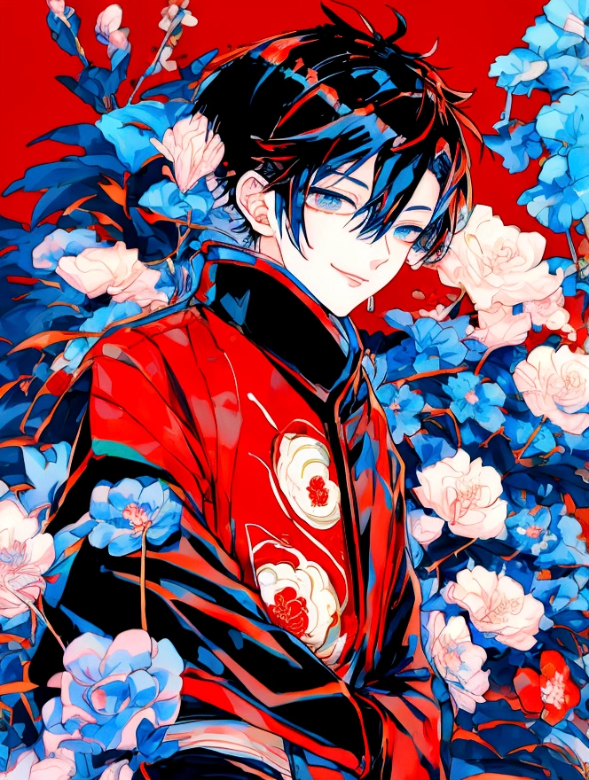 Anime boy with black hair and a red jacket smiling at the camera, Okikata Kazuto, [[[[gAlsoning evily]]]], Eat and drink, Hiro, ( ( ( yoshinari yoh ) ) ), Gurren Lagann, nobutaka ike, Kirito, inspired by Okumura Masanobu, Also, Avatar Image　Red eyes　smile　piece