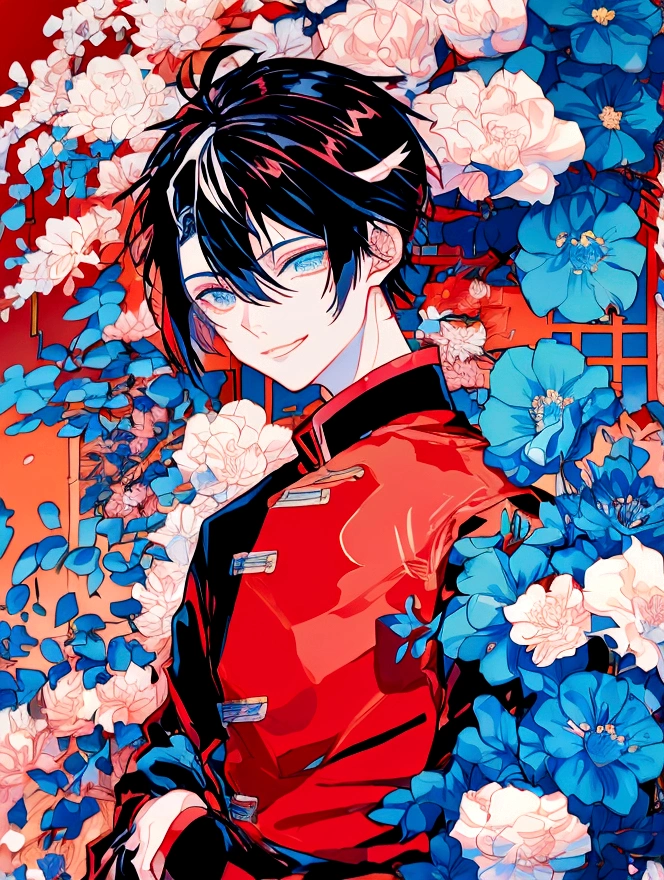 Anime boy with black hair and a red jacket smiling at the camera, Okikata Kazuto, [[[[gAlsoning evily]]]], Eat and drink, Hiro, ( ( ( yoshinari yoh ) ) ), Gurren Lagann, nobutaka ike, Kirito, inspired by Okumura Masanobu, Also, Avatar Image　Red eyes　smile　piece