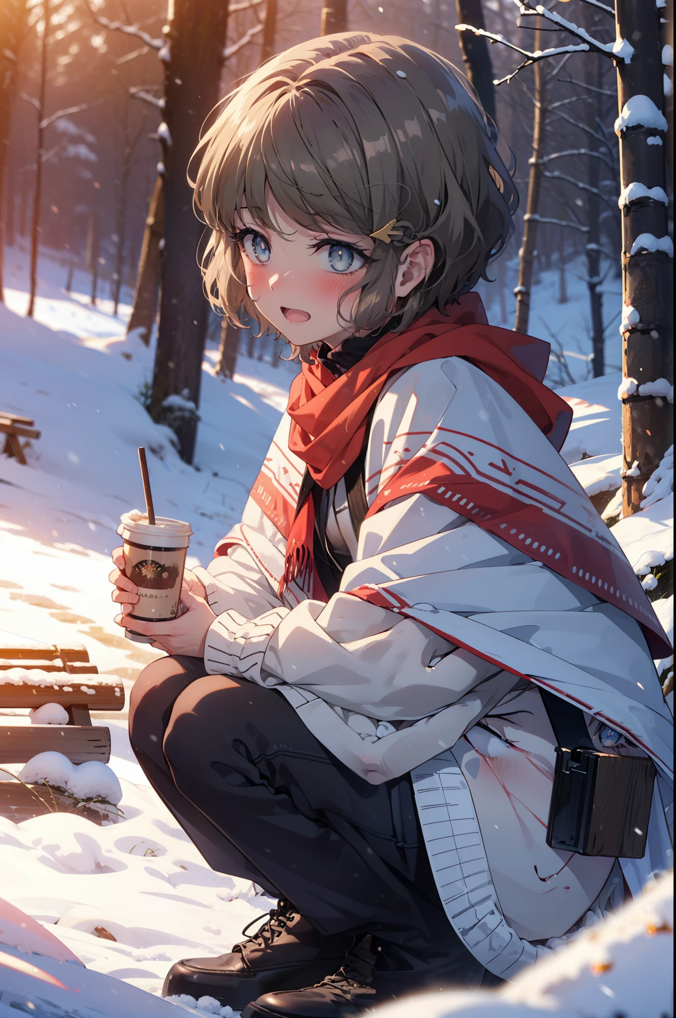 tomoekoga, Chie Koga, short hair, Brown Hair, blue eyes, hair band,smile,blush,White Breath,Center of chest,
Open your mouth,snow,Ground bonfire, Outdoor, boots, snowing, From the side, wood, suitcase, Cape, Blurred, having meal, forest, White handbag, nature, Squat, Mouth closed, Cape, winter, Written boundary depth, Black shoes, red Cape break looking at viewer, Upper Body, whole body, break Outdoor, forest, nature, break (masterpiece:1.2), highest quality, High resolution, unity 8k wallpaper, (shape:0.8), (Beautiful and beautiful eyes:1.6), Highly detailed face, Perfect lighting, Extremely detailed CG, (Perfect hands, Perfect Anatomy),