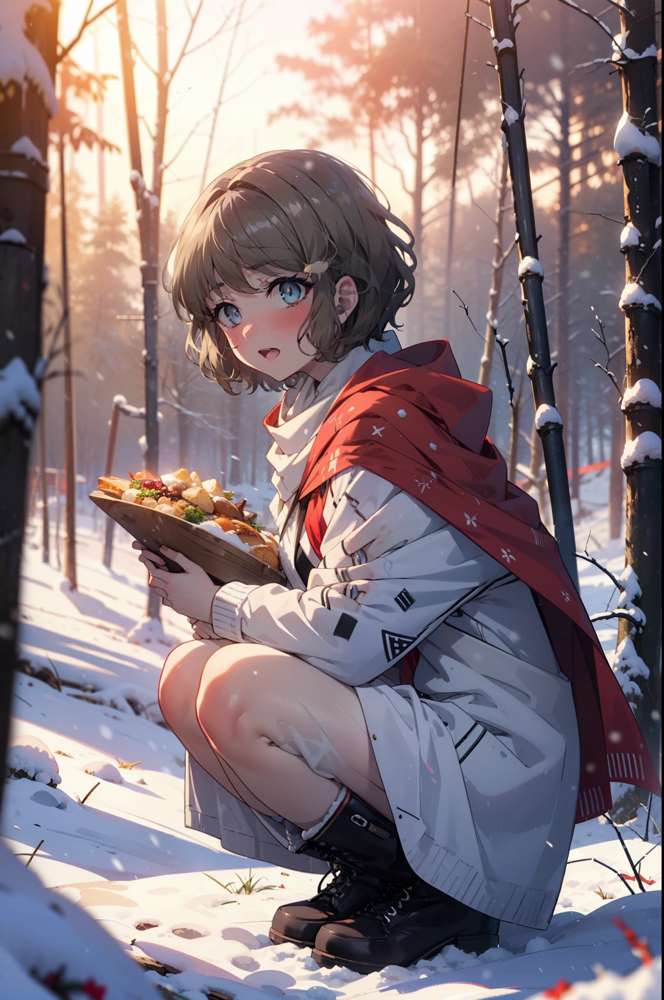 tomoekoga, Chie Koga, short hair, Brown Hair, blue eyes, hair band,smile,blush,White Breath,Center of chest,
Open your mouth,snow,Ground bonfire, Outdoor, boots, snowing, From the side, wood, suitcase, Cape, Blurred, having meal, forest, White handbag, nature,  Squat, Mouth closed, Cape, winter, Written boundary depth, Black shoes, red Cape break looking at viewer, Upper Body, whole body, break Outdoor, forest, nature, break (masterpiece:1.2), highest quality, High resolution, unity 8k wallpaper, (shape:0.8), (Beautiful and beautiful eyes:1.6), Highly detailed face, Perfect lighting, Extremely detailed CG, (Perfect hands, Perfect Anatomy),