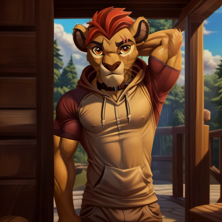 ,Slim, very Slim, very thin waist.masterpiece, detailed, beautiful digital art, masterpiece, 4K, small parts, Anthro, a lion, male, ((male род)), good quality anatomy, ((beautiful eyes)), orange eyes, Red Mane, ((beautiful hands, detailed hands)), (I look at the viewer), I look at the viewer, whole body, scar, scar on left eye, anime style,Slim, , very thin waist, Cute, muscular. ,,Cozy atmosphere,,inflection, big biceps, ,gay, a fag,very pumped up,a gift.(musk), (musk clouds:1.4), sweaty,, ((Realistic clothes:1.6). (pike biceps:1.5,).posing.sweating.without sleeves, hood, hoodie, piercing, hood down. without sleeves hoodie, Dominant, outside, Suffocates, ,frightening look,(bold), very strong,kion pet,Whore,Особенно много scarов:2，Много scarов,the collar is very tight, in the room, , in the bedroom,секс outside, послушная Whore, full height, security guard, hundred in the aisle,NAGOTA,hands behind head,секс outside, 