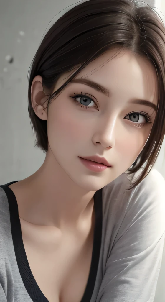 (masterpiece、highest quality、photorealistic、High resolution、photograph、:1.3)、close up shot、sharp focus、one brunette girl、30 years old mature woman、small face、no makeup、、hot models、Highly detailed eyes and pupils、Real skin、slim body shape、Bust B Cup、、cleavage、short cut hair、dark brown hair、delicate face、Sensual gaze、glossy lips、((Wearing a Henry shirt))、The background is、gray wall、((real、超real、realism、Realistic details))