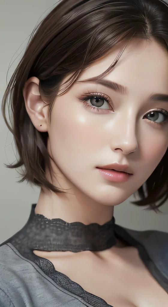 (masterpiece、highest quality、photorealistic、High resolution、photograph、:1.3)、close up shot、sharp focus、one brunette girl、30 years old mature woman、small face、no makeup、、hot models、Highly detailed eyes and pupils、Real skin、slim body shape、Bust B Cup、、cleavage、short cut hair、dark brown hair、delicate face、Sensual gaze、glossy lips、((Wearing a Henry shirt))、The background is、gray wall、((real、超real、realism、Realistic details))