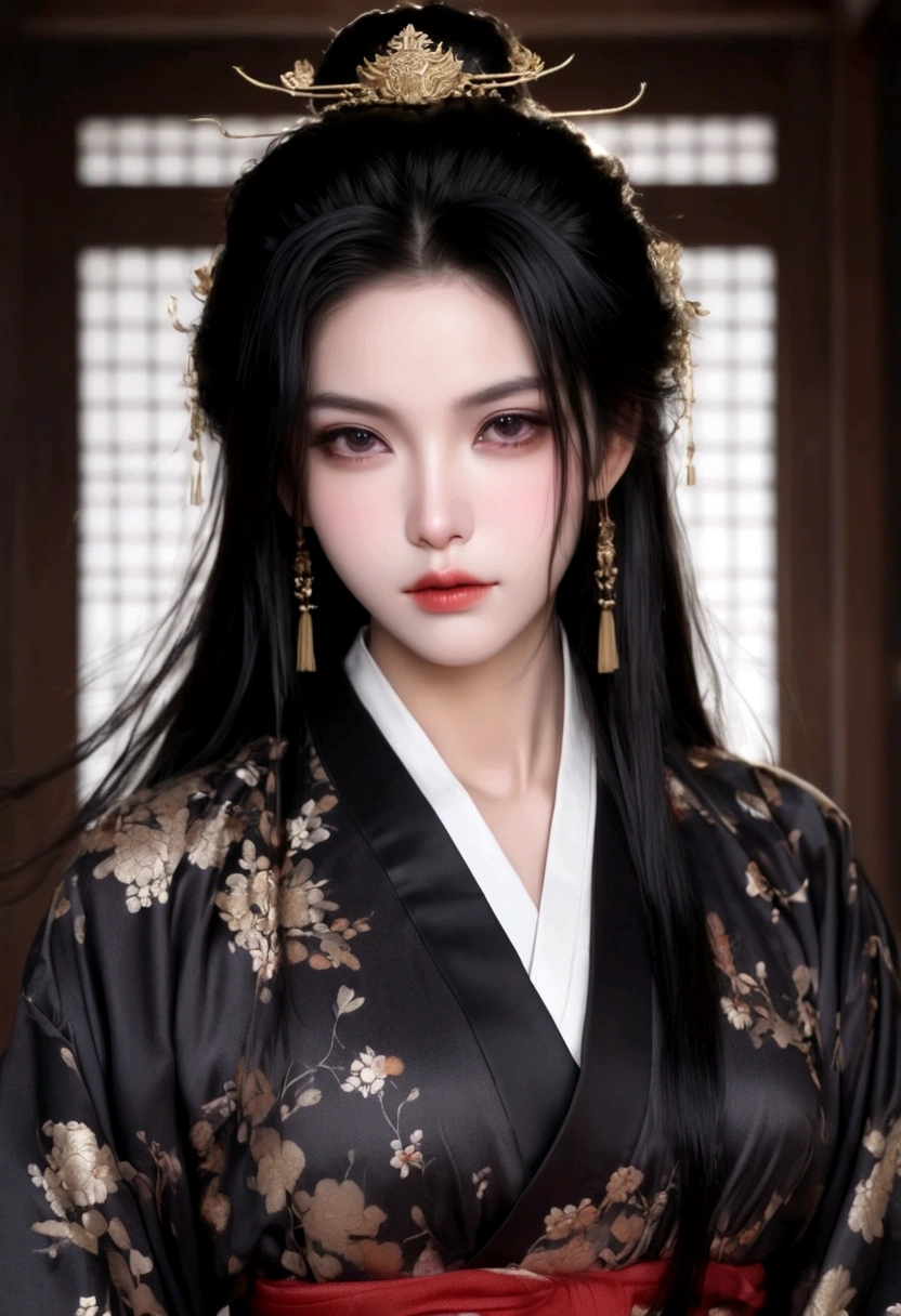 1 girl，Sexy，Flowing messy black hair，Hair shine，Skin details，Beautiful facial features，Exquisite makeup，Exquisite eyes，Eye details，Dark eyeshadow，small freckles，Plain Hanfu，Shoulder，arm