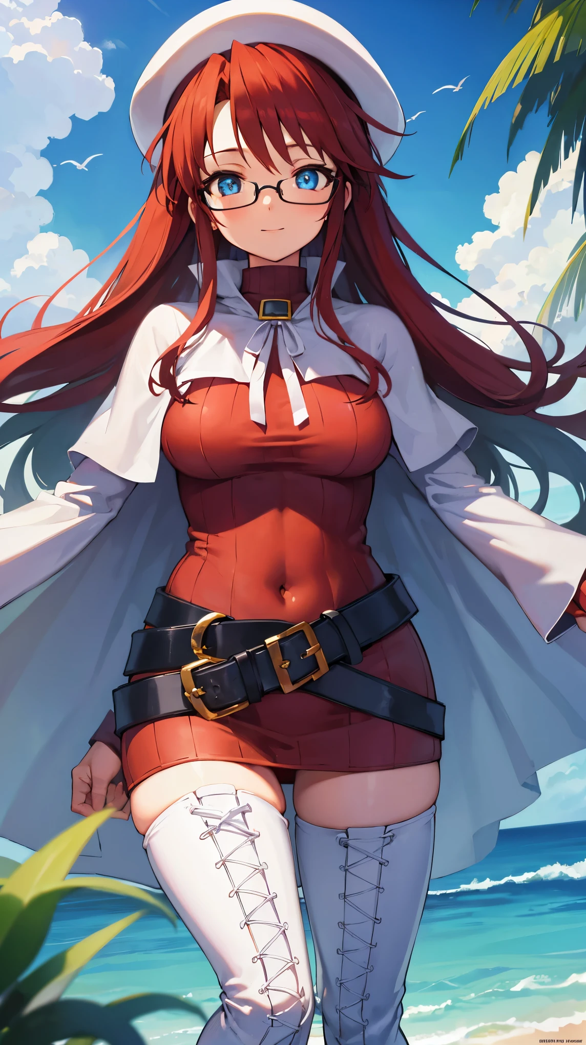 summonnightaty, aty, long hair, blue eyes, red hair, beret, hat, glasses,
BREAK long hair, thighhighs, hat, dress, boots, glasses, belt, cape, sweater, zettai ryouiki, beret, thigh boots, white footwear, ribbed sweater, loose belt,,
BREAK outdoors, fantasy_town,
BREAK (masterpiece:1.2), best quality, high resolution, unity 8k wallpaper, (illustration:0.8), (beautiful detailed eyes:1.6), extremely detailed face, perfect lighting, extremely detailed CG, (perfect hands, perfect anatomy),(covered_nipples:1.3),covered_navel,light_smile,dynamic_posing,(half_eyes:1.2),light_open_mouth,sword,