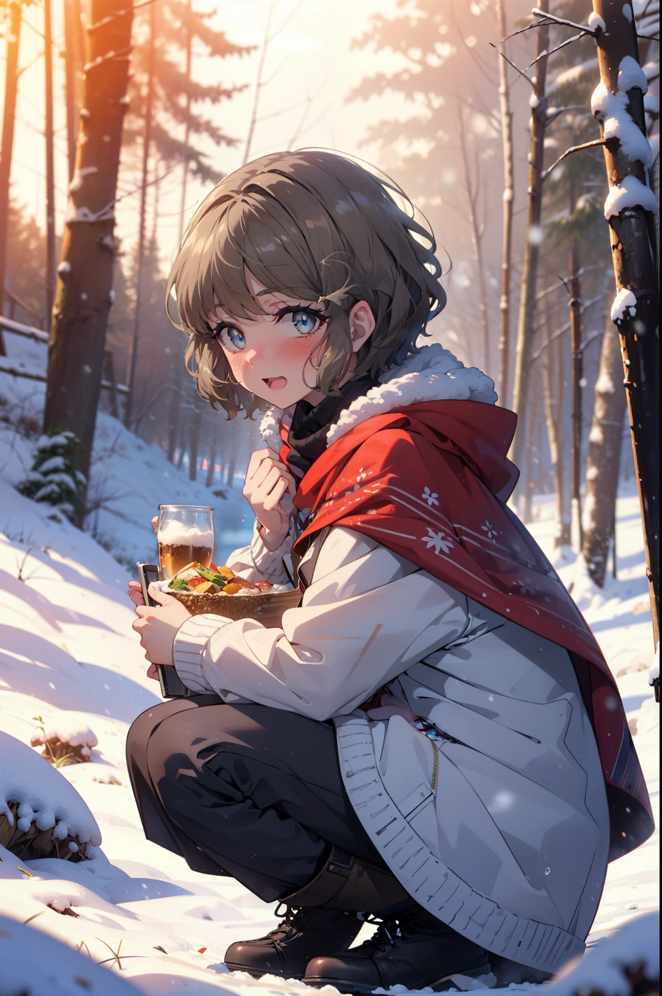 tomoekoga, Chie Koga, short hair, Brown Hair, blue eyes, hair band,smile,blush,White Breath,Center of chest,
Open your mouth,snow,Ground bonfire, Outdoor, boots, snowing, From the side, wood, suitcase, Cape, Blurred, having meal, forest, White handbag, nature, Squat, Mouth closed, Cape, winter, Written boundary depth, Black shoes, red Cape break looking at viewer, Upper Body, whole body, break Outdoor, forest, nature, break (masterpiece:1.2), highest quality, High resolution, unity 8k wallpaper, (shape:0.8), (Beautiful and beautiful eyes:1.6), Highly detailed face, Perfect lighting, Extremely detailed CG, (Perfect hands, Perfect Anatomy),