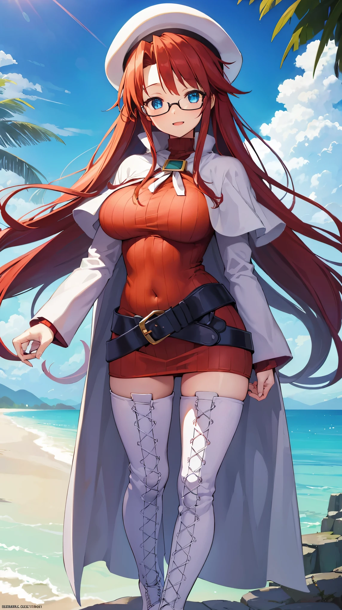 summonnightaty, aty, (young:1.3),long hair, blue eyes, red hair, big_tits, hat, glasses,
BREAK long hair, thighhighs, hat, dress, naked_legs, glasses, belt, cape, sweater, zettai ryouiki, beret, thigh boots, white footwear, ribbed sweater, loose belt,solo,
BREAK outdoors, fantasy,on_beach,
,Highquality_hads,perfect_fingers,
BREAK (masterpiece:1.2), best quality, high resolution, unity 8k wallpaper, (illustration:0.8), (beautiful detailed eyes:1.6), extremely detailed face, perfect lighting, extremely detailed CG, (perfect hands, perfect anatomy),covered_nipples,covered_navel ,half_eyes,long_sword,sleepy,red_sweater,apart_knees,magical_effect,spread_legs, have_a_book,teacher,rise_knee,Smile,rise_hand,look_down_viewer,spread_arms,sea_waves,looking_into,blue_sky,plump,open_mouth, dynamic_posing,solo