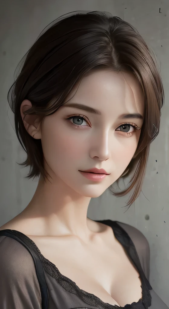 (masterpiece、highest quality、photorealistic、High resolution、photograph、:1.3)、close up shot、sharp focus、one brunette girl、30 years old mature woman、small face、no makeup、、hot models、Highly detailed eyes and pupils、Real skin、slim body shape、Bust B Cup、、cleavage、short cut hair、dark brown hair、delicate face、Sensual gaze、glossy lips、((Wearing a Henry shirt))、The background is、gray wall、((real、超real、realism、Realistic details))