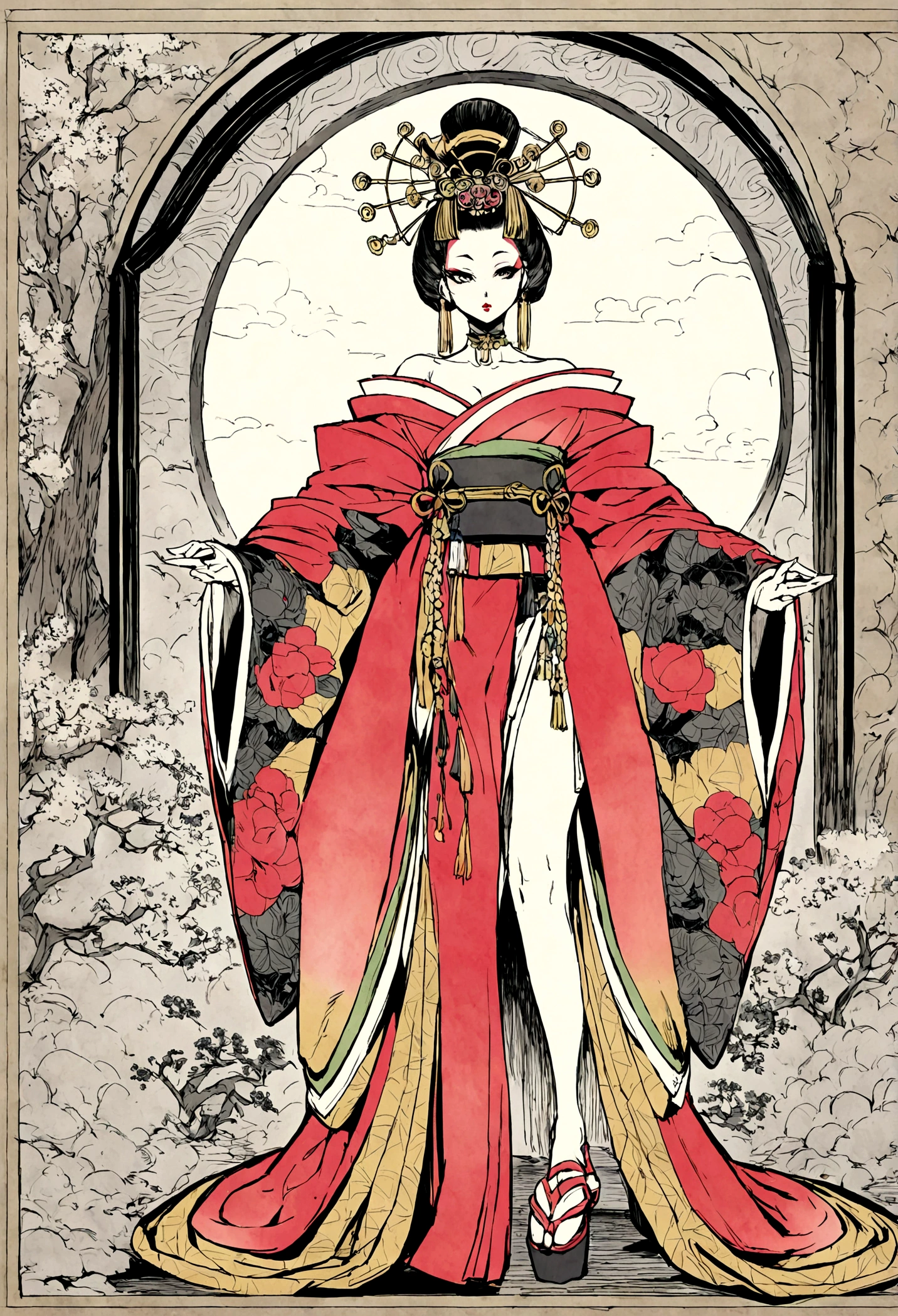 Colouring page for adult, Adult women, Oiran, prostitute, makeup, whole body, kimono, kimono, compensate, eye shadow, Hairpin,