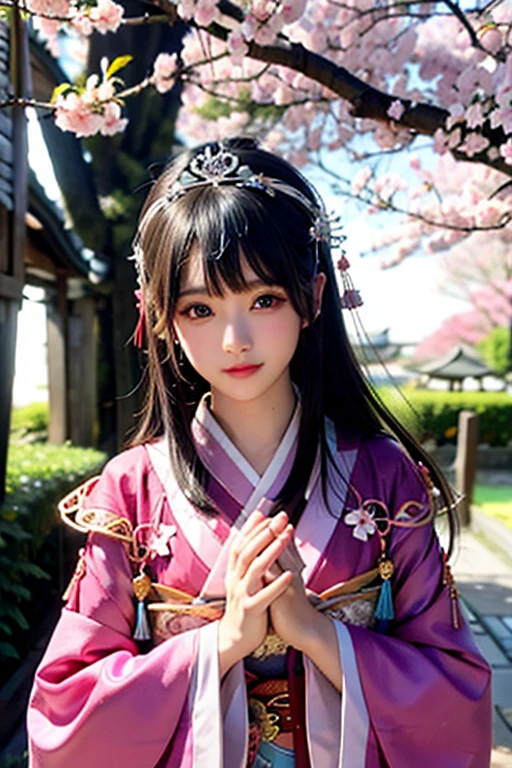 goddess　１２unlined kimono　The color is lustrous　upright　Joining hands in prayer　looking at the camera　Background is cherry blossoms　Front view　　tiara　Upper Body　big