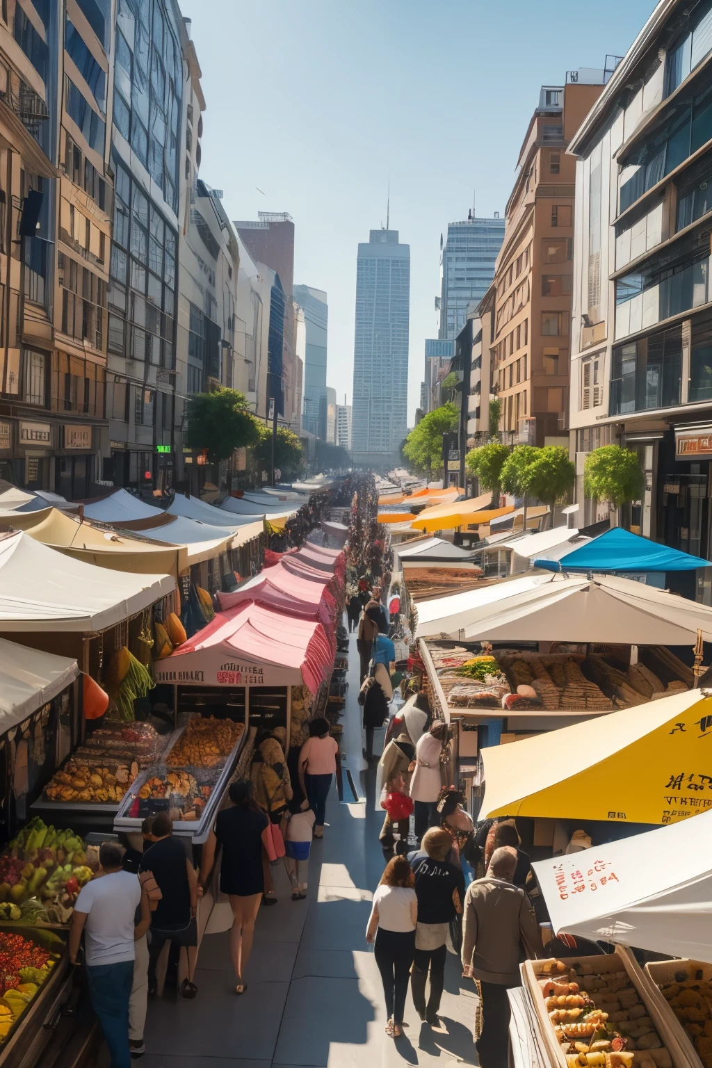 a bustling open-air market scene, contemporary style, realistic, overcast daylight, crowd of people, detailed stalls and vendors, vibrant colors, dynamic composition, photorealistic, (best quality,8k,high res,masterpiece:1.2),ultra-detailed,(realistic,photorealistic,photo-realistic:1.37),natural lighting,cinematic perspective,architectural elements,detailed textures,immersive atmosphere,urban environment