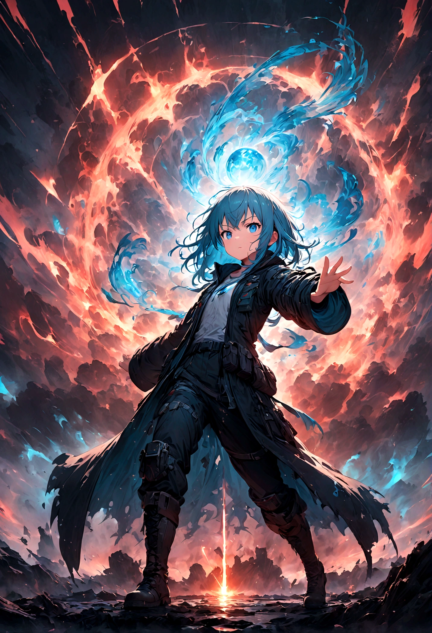 rimuru tempest,Create an action-packed battle scene featuring rimuru tempest from the manga and anime 'That Time I Got Reincarnated as a Slime'. Rimuru has blue hair and blue eyes, He wears stylish combat gear, such as a black coat and boots.. Capturing him in a dynamic fighting pose, You may cast powerful spells or face enemies., With a look of confidence and determination. The background depicts a magnificent battlefield from a fantasy world., Filled with magical effects and war-torn landscapes. Include intense special effects such as light explosions, Energy Wave, And the wind accentuates his magical powers. Highlighting his aura and shapeshifting abilities, Body parts that show slime form. The scene must convey the intensity and drama of an epic battle..,(masterpiece:1.3),(highest quality:1.4),(Super detailed:1.5),High resolution,Very detailed,unity 8k wallpaper,