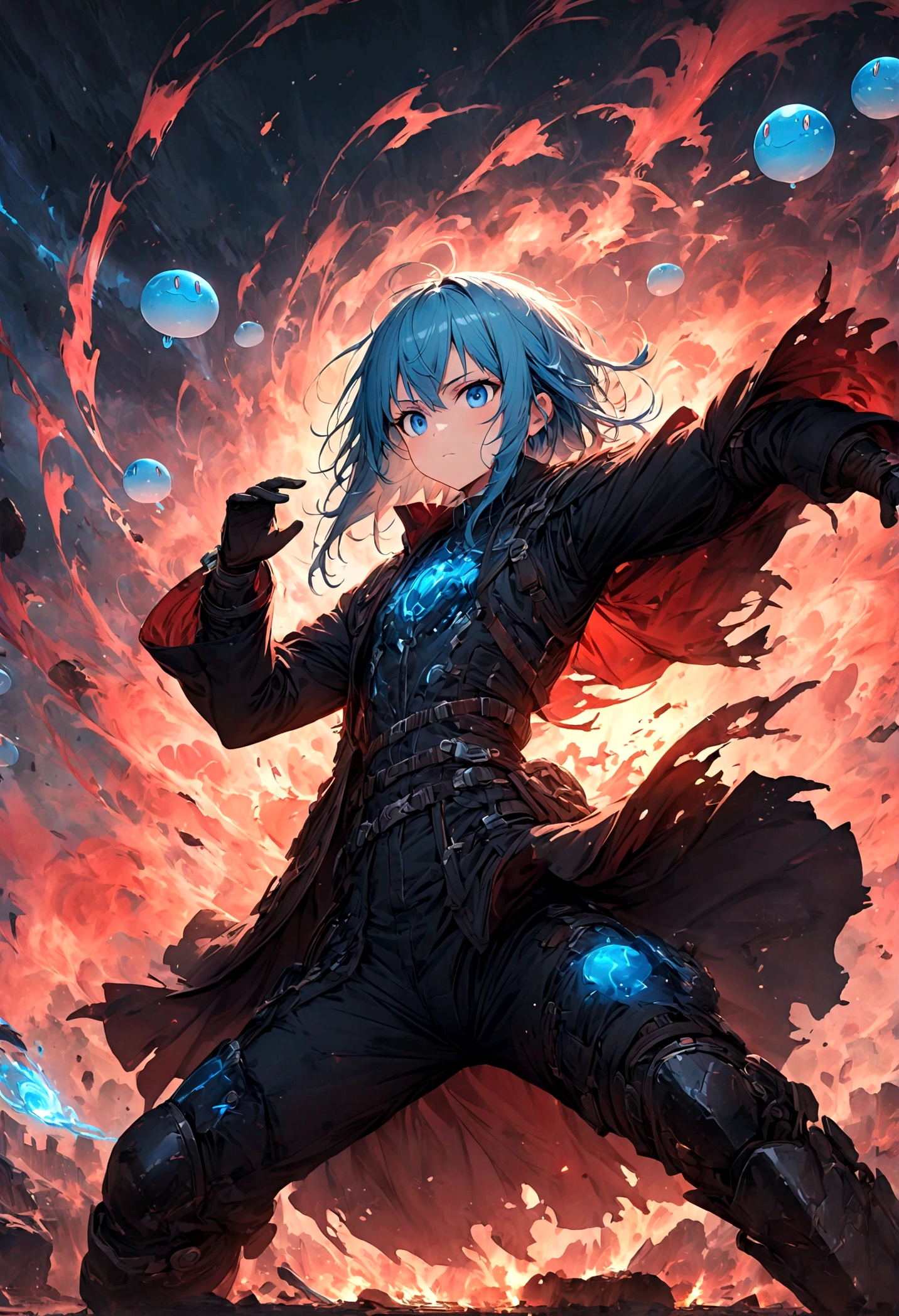 rimuru tempest,Create an action-packed battle scene featuring rimuru tempest from the manga and anime 'That Time I Got Reincarnated as a Slime'. Rimuru has blue hair and blue eyes, He wears stylish combat gear, such as a black coat and boots.. Capturing him in a dynamic fighting pose, You may cast powerful spells or face enemies., With a look of confidence and determination. The background depicts a magnificent battlefield from a fantasy world., Filled with magical effects and war-torn landscapes. Include intense special effects such as light explosions, Energy Wave, And the wind accentuates his magical powers. Highlighting his aura and shapeshifting abilities, Body parts that show slime form. The scene must convey the intensity and drama of an epic battle..,(masterpiece:1.3),(highest quality:1.4),(Super detailed:1.5),High resolution,Very detailed,unity 8k wallpaper,