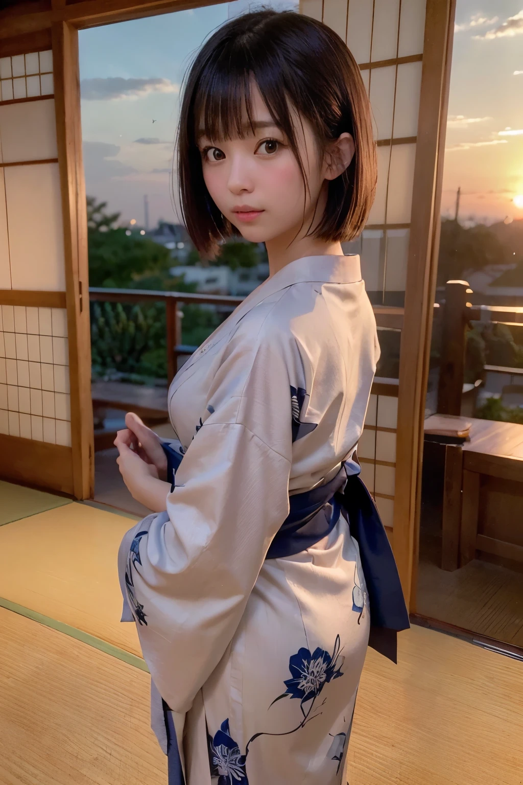((Evening, Outside, Sunset Glow:1.5, 
(Framing Photo, through Widely Spaced Lattice Doors for Foreground Bokeh Area:1.0), White Gravel Roads, Japanese Palace:1.5, Japanese Shrine:1.5, Japanese Castle Town:1.5, Japanese Partitioned Tenement Houses:1.5, [Japanese Castle])), 
Light, Bokeh, 
(Looking Up to the Sky:1.0, Looking Back Viewer, from Back:1.0, Full Body), 
(Short Bob Cut:1.2, Japanese, 20-year-old girl:1.2, Brown Hair, Messy Hair, Embarrassed, Blush, Very white skin, (Very Beautiful Nape:1.2), Open Mouse Slightly:1.2, Wide-Set Eyes, Japanese Indigo Kimono:1.2), 
(highest quality, masterpiece, Ultra-high resolution, 8K, RAW Photos, Realistic, Anatomically correct:1.5)