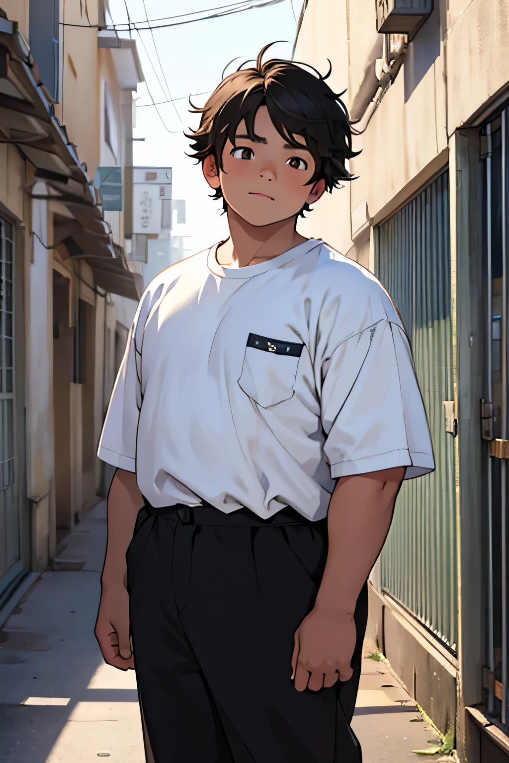 a young boy, chubybody, chubby face with black  shorty messy hair and brown eyes,using a white shirt with a single blue line in a school, young boy, teenage boy, 