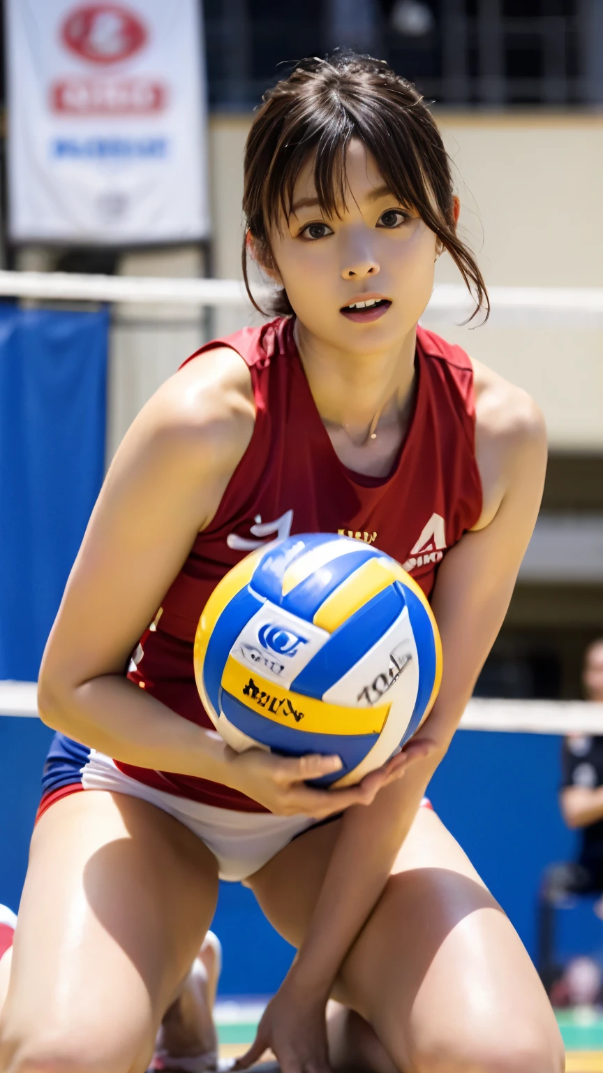 Perfect Anatomy:1.6,(((A beautiful athlete with outstanding style is playing in a popular volleyball match on the center court of a large indoor volleyball arena filled with spectators, Collared, sleeveless uniform with number and short spats))), Amidst loud cheers,(((A beautiful, competitive top athlete in a red and white uniform kneels on one knee and looks intently at the ball that is not visible on the screen.,Concentrate on the ball at the net))),Masterpiece,Hasselblad produces deep depth of field for beautiful background bokeh,Sexy waist,Stunning photos that capture the essence of the action,masterpiece,highest quality,Ultra-high resolution,Highly detailed portrait,High nose and beautiful face,Model-like limbs,色白のNeckが眩しい,Coke bottle body with slim waist and hips,Tuck your chin in and look serious,((Full-body shot from the front)),Cute 20 year old, (((Neck, Beautiful shiny short chestnut hair fluttering in the wind))),(F cup beautiful breasts),Long eyelashes and big eyes,,Transparent double eyelids,((Glossy thick lips)),(((Perfect Anatomy))),