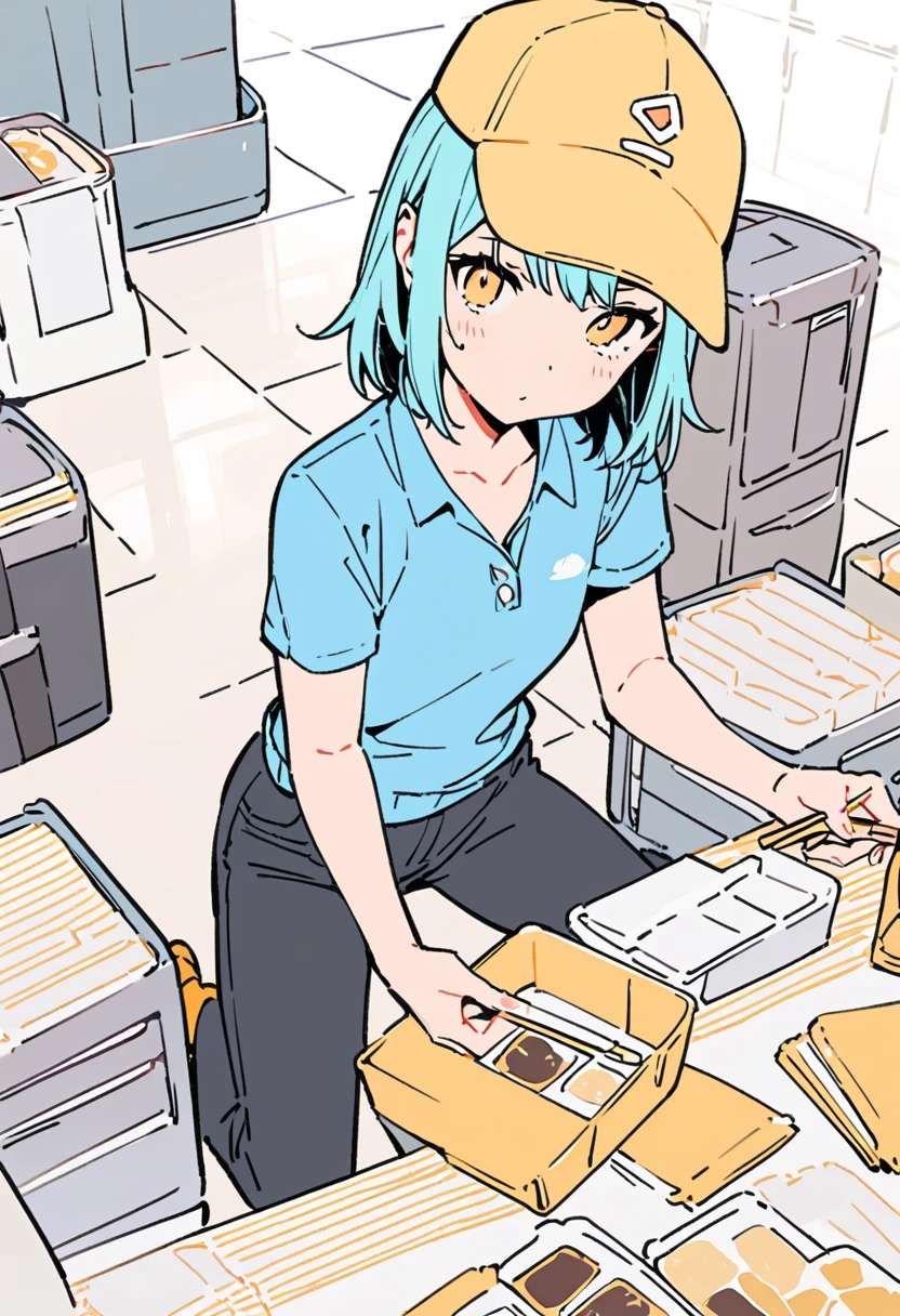 flat color,(best quality, masterpiece, ultra highres, ultra-detailed:1.2) , top-tier quality, tween girl,((There are too many beige disposable chopsticks on the floor)),plain Yellow cap,plain Sky-Blue Polo-Shirt,black pants,blank space,white background,White floor,