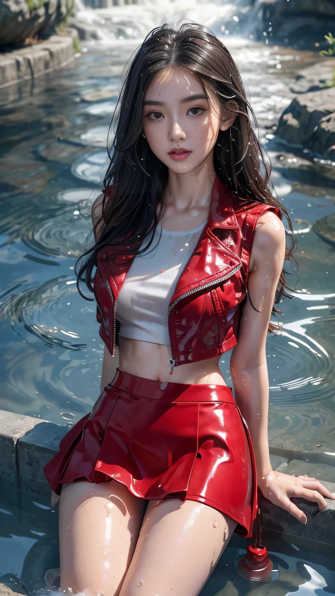 8k, masterpiece, 1 girl, beautiful face, ((very long hair)), glossy makeup, closed mouth, (glossy skin:1.5), detailed eyes, detailed lips, small bust, red short jacket, wet white vest, ((red mini skirt)), ((under pants)), ((bare thigh)), straps clothing, (water falling:1.5), steam effect, water vapor, adult pose, laying on the water,