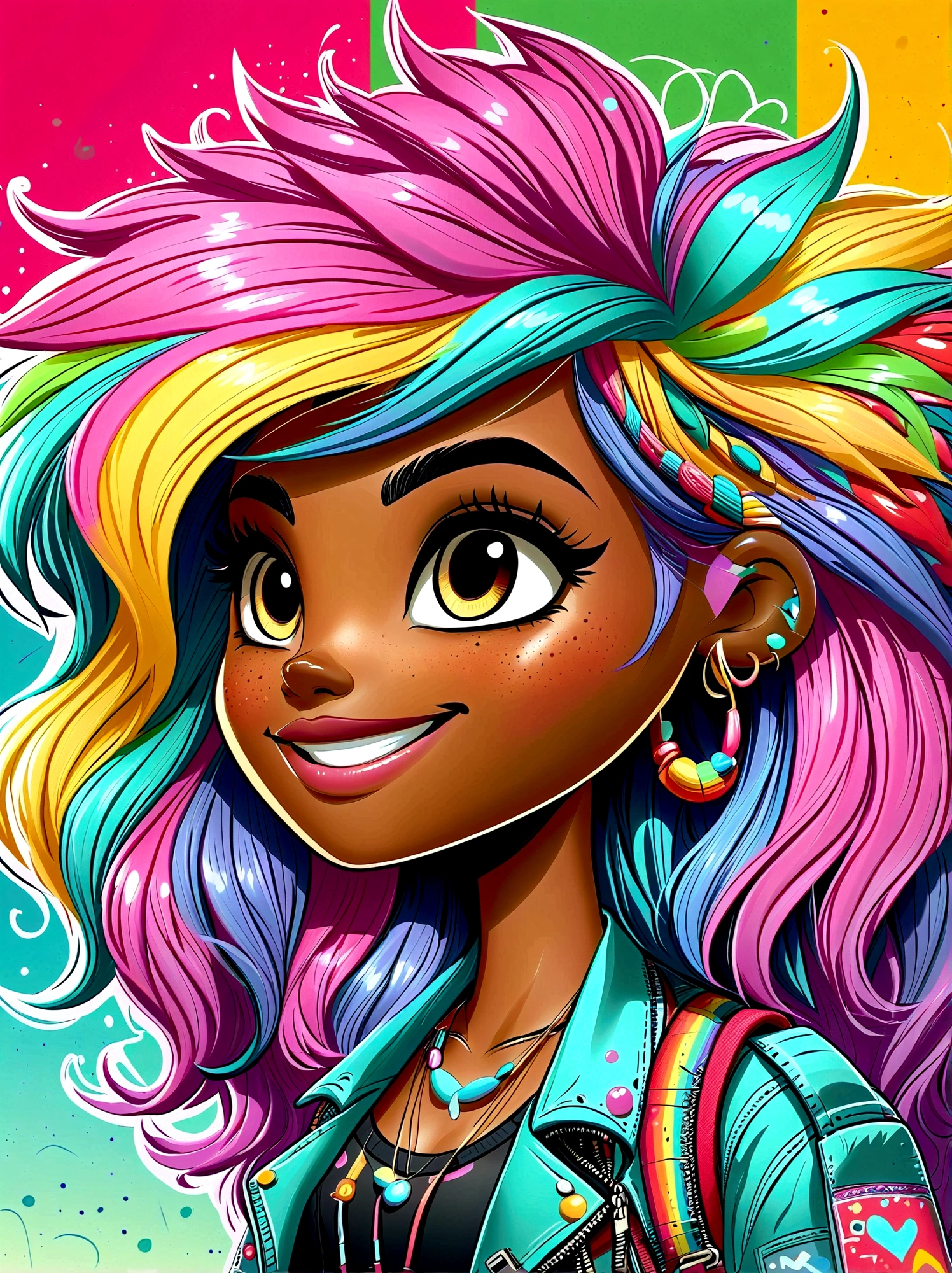 (masterpiece,Best quality:1.2),Graffiti style,Cartoon Characters,Vector illustration,1girl,solo,side,Large and expressive eyes,Friendly Smile,Gorgeous clothes,Colorful hair,Unique and wild hairstyle,站在Graffiti style的背景前,Add whimsy to the scene