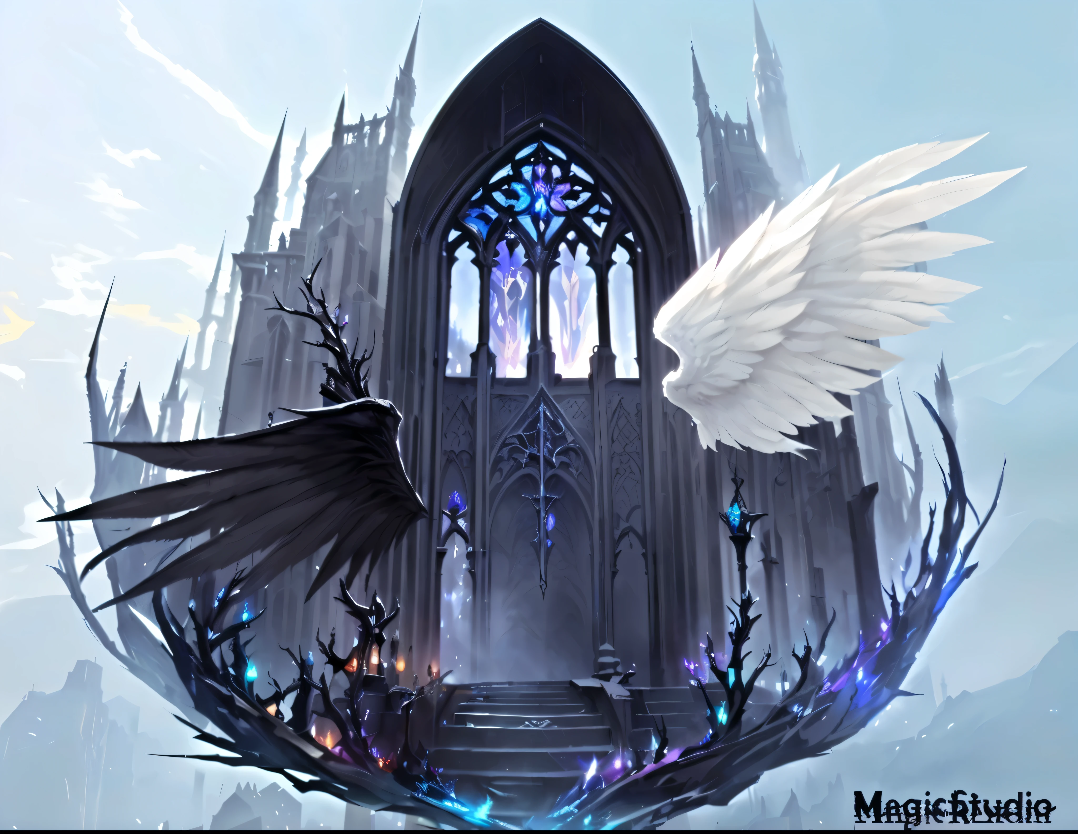 There is a huge white angel flying over the castle, Gothic Epic Library concept, gothic fantasy art, Majestic mysterious gate, Magic concept art, Neo-Gothic concept, Cathedral Background, Gothic Epic Library, Gothic church background, Magical Fantasy 2D Concept Art, Grandiose, Dark Gothic Cathedral, Neo-Gothic art, Concept Art Magic Highlights, I&#39;m going, Gothic art style