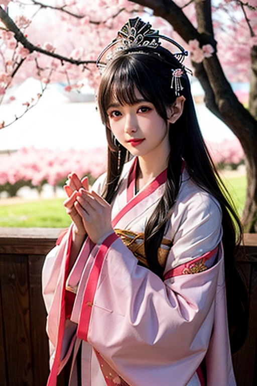 goddess 12unlined kimono The color is lustrous upright Joining hands in prayer looking at the camera Background is cherry blossoms Front view tiara Upper Body big