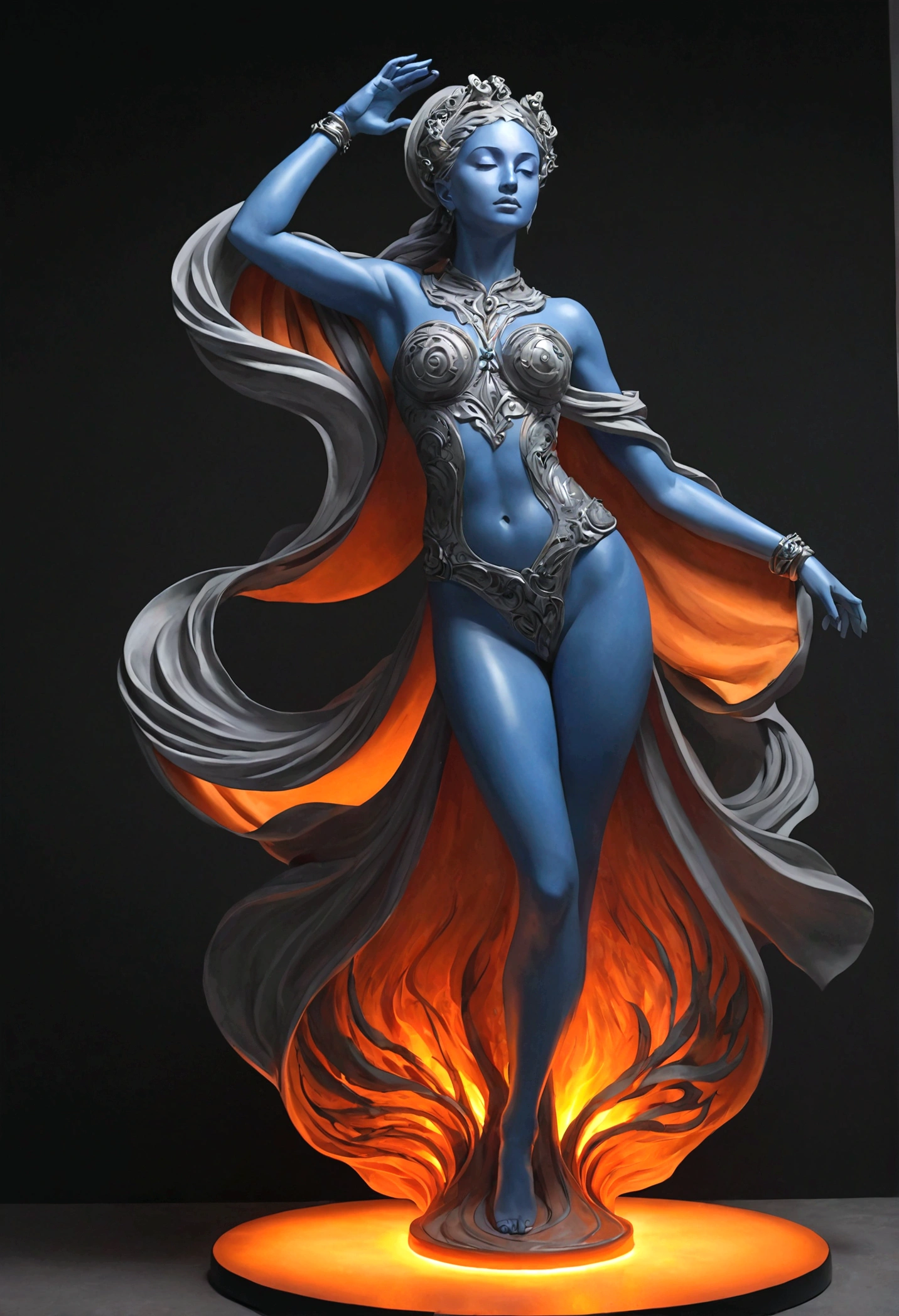  Uma lava lindamente esculpida e poderosa, an electronic DJ table called Blue, depiction of a woman in motion captures the essence of a Renaissance masterpiece. Usando fones de ouvido, levantando o punho, piscando, Let&#39;s go! , Idol, fofo, sorridente, punch in the stomach, futuristic full body coordination, attracting audience, agitation, energetic, dynamic position, brilliant studio, poster type scene, high tension rhythm, eyes The flowing robes and dynamic pose suggest grace and vigor frozen as a team. Esta escultura deslumbrante, possivelmente uma escultura de lava, Exudes elegance and strength, with intricate details that demonstrate the artist&#39;s skill and vision. The mix of classic beauty and fiery intensity makes this piece a true work of art..
