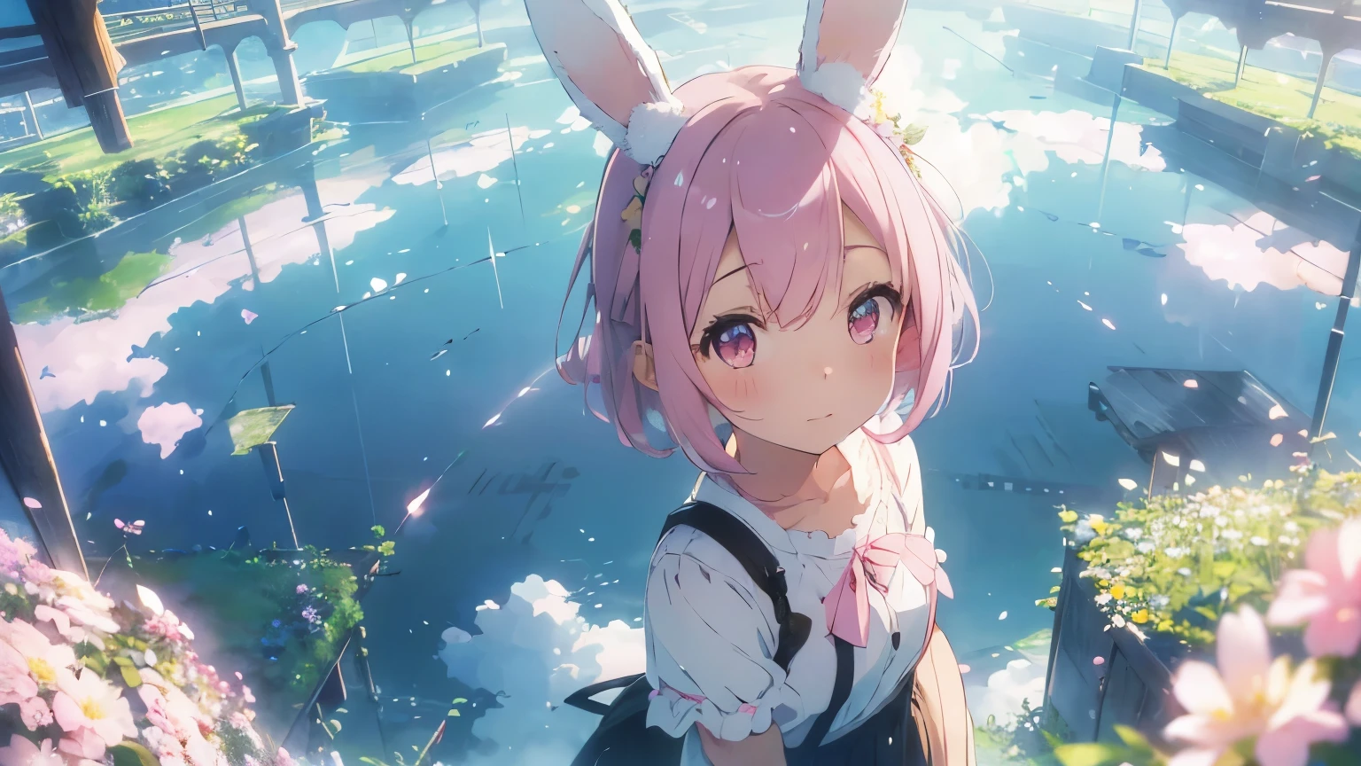 highest quality, pretty girl, pastel colour, Age 25,Fluffy bunny ears, Pink short bob,Pale pink eyes,A sky garden above the clouds。Colorful flowers々Blooming profusely、Crystal streams flow。