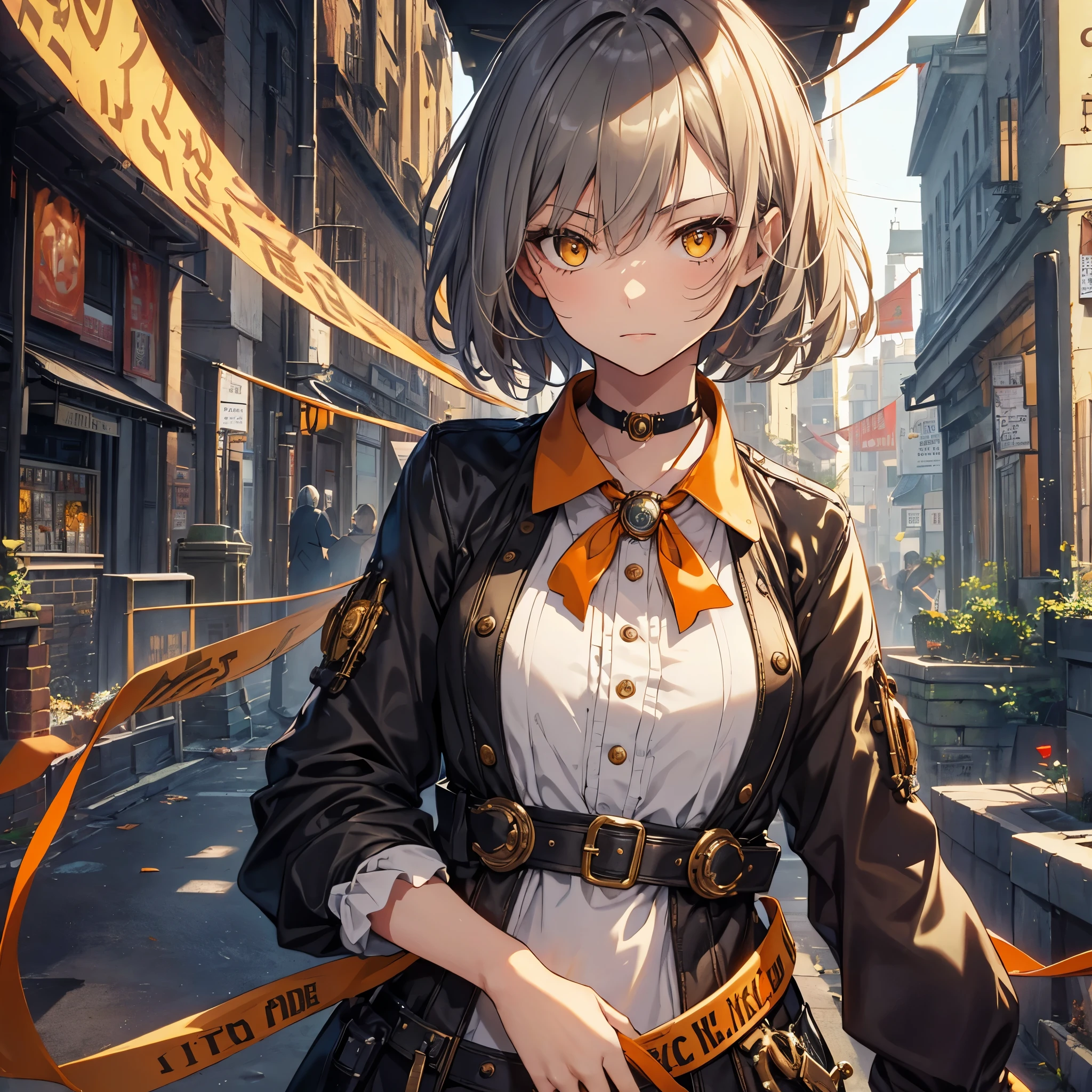 masterpiece, highest quality, Perfect Face, Highest Resolution, Highest quality,Detailed depiction of the eyes, 1 girl, young, slender body, Short, deep tan skin, slate gray hair, short  hair, upturned eyes, Yellow Orange eyes, Perfect Anatomy, steampunk, 19th century, ribbon choker, steampunk風の衣装, Town