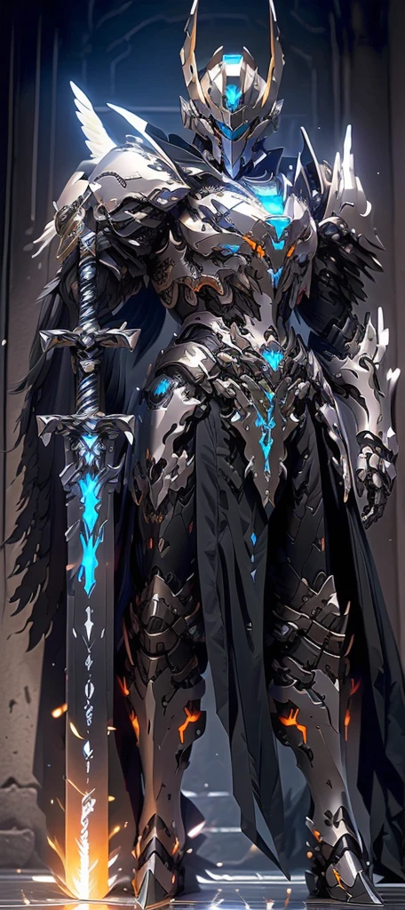 arafed knight in armor standing in a dark room with a sword, white fire color reflected armor, cyberpunk flame suit, berserk skullknight black armor, heavy metal armor, cybernetic flame armor, black heavy armor, corrupted armor, cybernetic fire armor, full body x-force outfit, heavy black obsidian armor, spiked scrap metal armor with angel white wings
