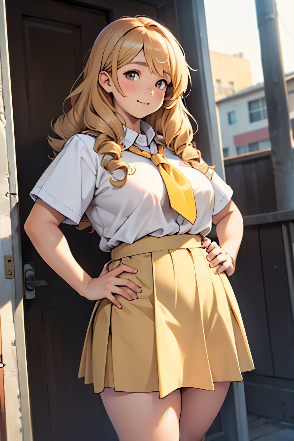 A young girl, chubby body, Chubby face with long, voluminous and curly peach blonde hair, and redbrown eyes wearing a prepschool uniform, cute teenage girl,cute girl, teenage girl, ************ girl