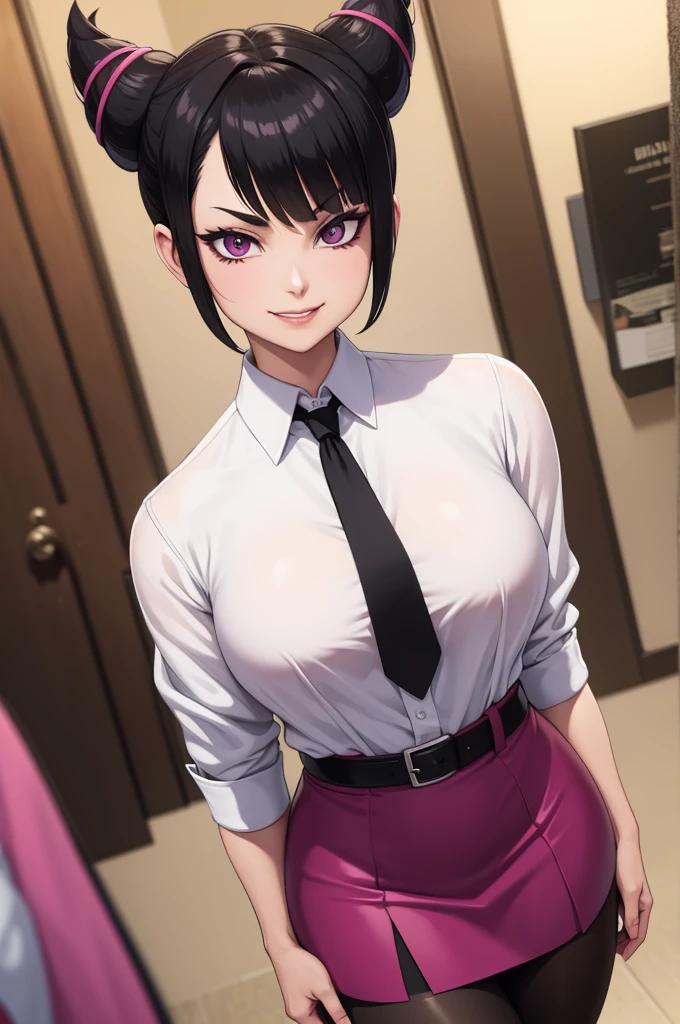 juri han, work of art, tight white secretary shirt with black tie, black high waist skirt, short skirt, short hair, black hair, black tights evil smile,oculos