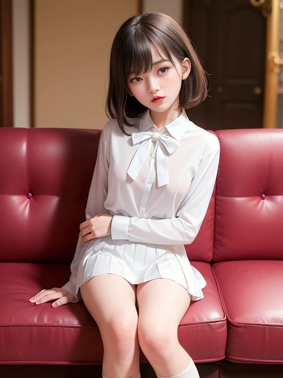 (masterpiece、highest quality:1.7)、13 years old、(Full body shot:1.5)、Bobcut、Black Hair、85mm、16K、Official Art、RAW Photos、Best Beautiful Faces、Close-up、Violet、Gardenia、The best beautiful girl、very cute、Red blush on cheeks、indoor、(Sit on the couch:1.8)、Film Grain、Chromatic Aberration、Sharp Focus、(((Nice hands、Perfect hands、Perfect Fingers、A perfect body without flaws)))、Detailed face、(Slender body:1.5)、(Slender body:1.2)、(Small breasts:1.9)、(Let your bangs hang down:1.8)、(Blushing:1.8)、(Low contrast lighting:1.2)、(White tight business blouse with collar:1.5)、(White bow tie blouse:1.3)、(Long sleeve: 1.3)、(White pleated mini skirt:1.5)、(White School Socks:1.5)、(Mouth wide open:1.5)、(Eyes closed:1.5),(Hold your arms over your chest:1.5)