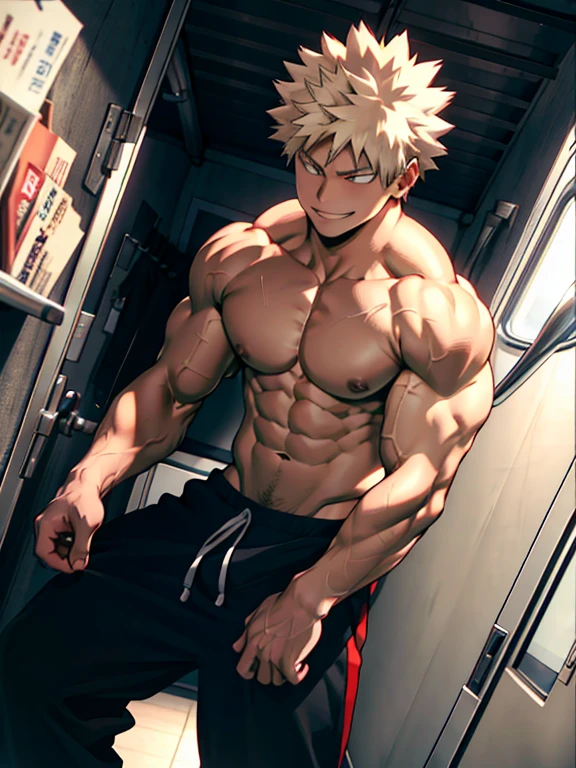 Bakugo Katsuki《My Hero Academia》, Wear black sweatpants,Topless, Smile, bodybuilder body, definition, muscular,super muscles,Big abdominal muscles