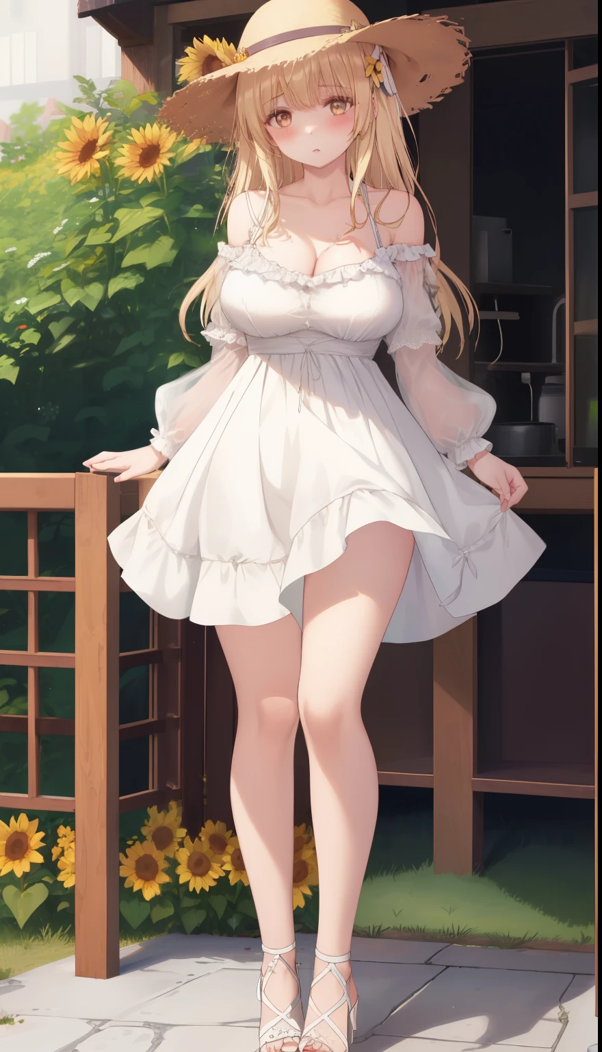 One Girl、Blonde、Long Hair、Shiina Mayu、positive、Standing posture、Full body portrait、Medium Haircut、blush、Absolute area、No panties、No bra、barefoot、White dress、Off-the-shoulder dress、（Very large breasts）、Cleavage、((Lesbians around the world))、masterpiece、（highest quality）、barefoot、((White high heels))、Bare your breasts、sunflower、Outdoor、Very short skirt、Thighs、Straw hat、((Exposing the breasts))、((Bare your breasts))、((Showing nipples))