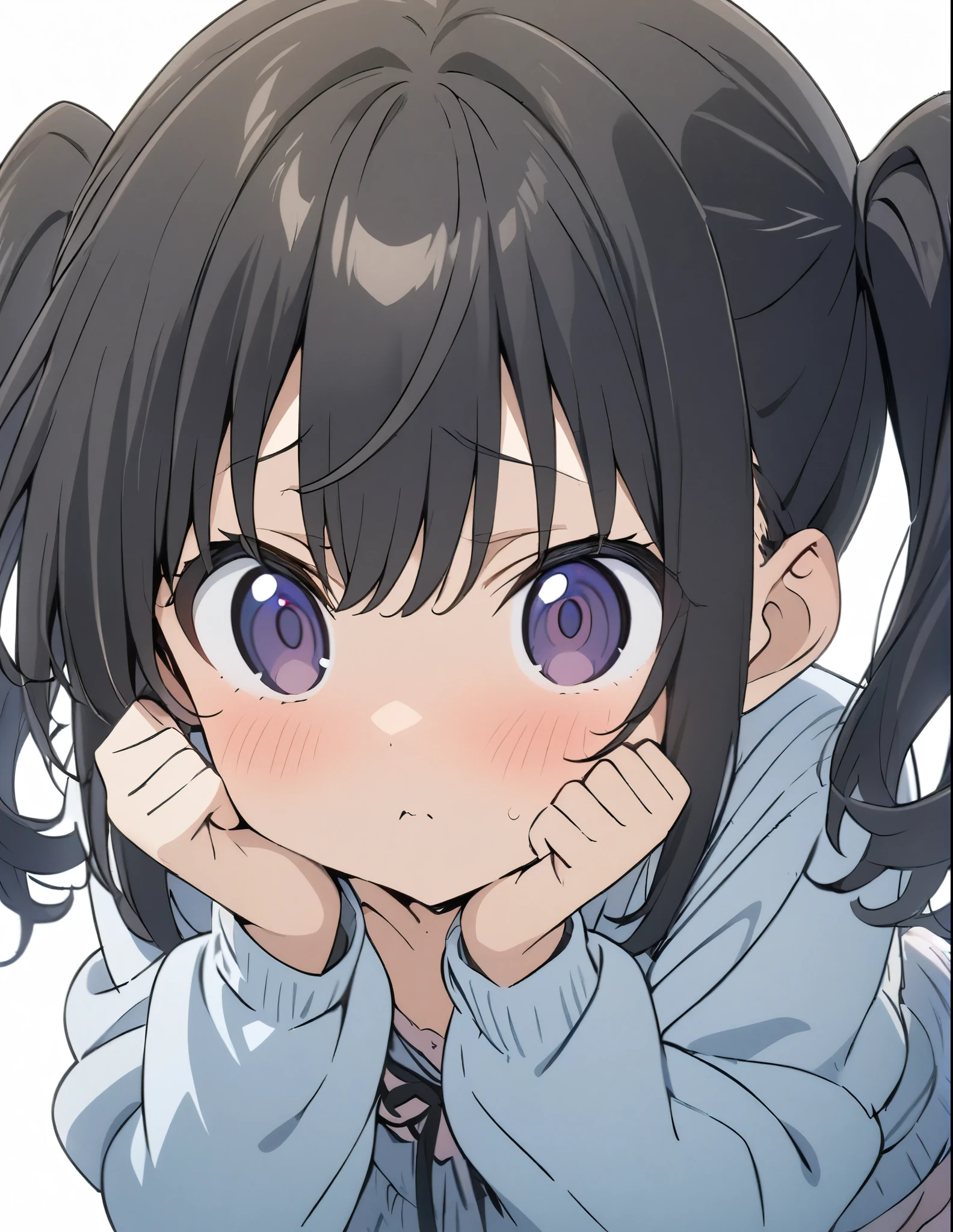 (masterpiece:1.2),one girl,cute,white background,simple background、Black Hair,(Dark Eyes),round face、Twin tails,Pose for this,anime