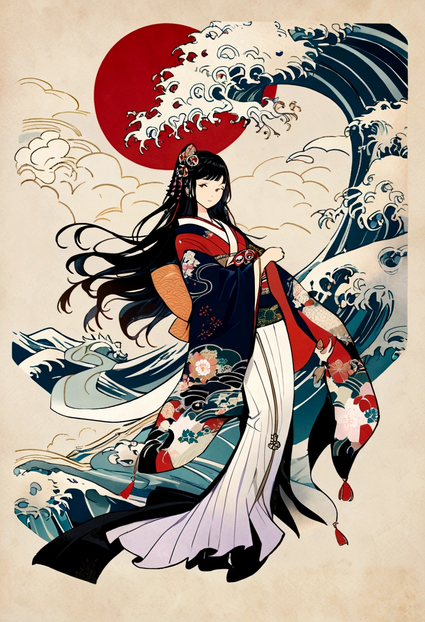 A beautiful female character with long flowing black hair on a Japanese background. She is wearing a bright kimono, with gorgeously decorated hair ornaments and accessories. The background features a wave and cloud design, incorporating traditional Japanese art style.