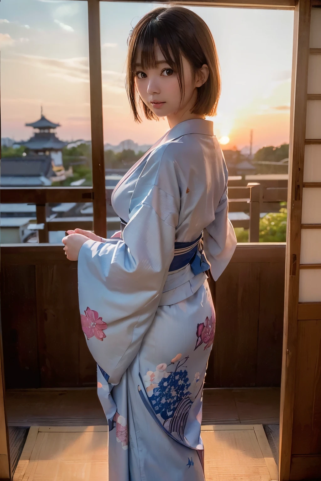 ((Evening, Outside, Sunset Glow:1.5,
(Framing Photo, through Widely Spaced Lattice Doors for Foreground Bokeh Area:1.0), White Gravel Roads, Japanese Palace:1.5, Japanese Shrine:1.5, Japanese Castle Town:1.5, Japanese Partitioned Tenement Houses:1.5, Japanese Castle)),
Light, Bokeh,
(Looking Up to the Sky:1.0, Looking Back Viewer, from Back:1.0, Full Body),
(Short Bob Cut:1.2, Japanese, 20-year-old girl:1.2, Brown Hair, Messy Hair, Embarrassed, Blush, Very white skin, (Beautiful Nape:1.2), Open Mouse Slightly:1.2, Wide-Set Eyes, Japanese Light Indigo Kimono:1.2), Tuck Up Kimono,
(highest quality, masterpiece, Ultra-high resolution, 8K, RAW Photos, Realistic, Anatomically correct:1.5)