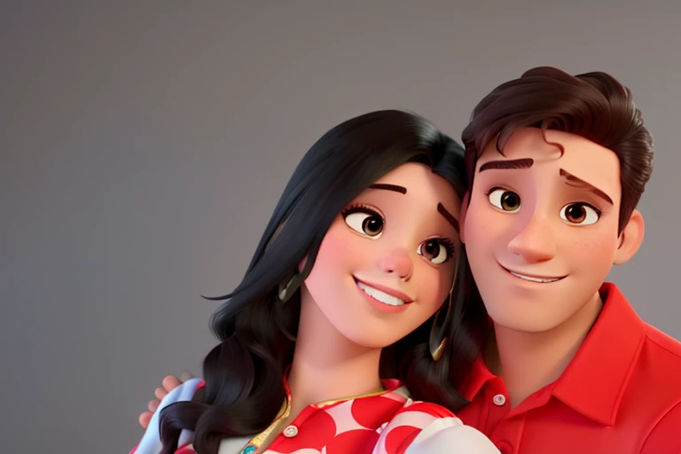 Casal (homem moreno e mulher branca) no estilo Disney Pixar, alta qualidade, melhor qualidade.