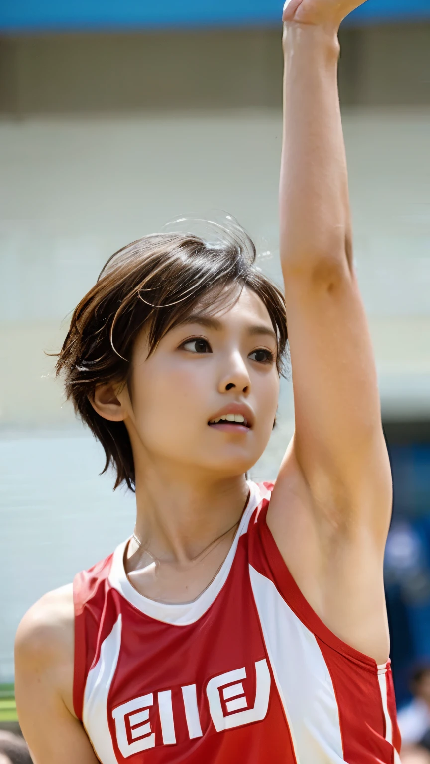 (((Carefully drawn limbs based on perfect anatomy))),(((Tokyo Metropolitan Government Building packed with spectators々A beautiful athlete with outstanding style is playing in a popular volleyball match on the center court of a wooden volleyball stadium))),((( Wearing a sleeveless collared uniform with a number on it, short leggings and ballet shoes))), Amidst loud cheers,(((Competitive,A beautiful top athlete in a white and red uniform jumps, stretching upwards with his hands raised from the bottom up,Follow the toss intently to spike the ball,Concentrate on the ball at the net))),Masterpiece,Hasselblad produces deep depth of field for beautiful background bokeh,Sexy waist,Stunning photos that capture the essence of the action,masterpiece,highest quality,Ultra-high resolution,Highly detailed portrait,High nose and beautiful face,Model-like limbs,色白のNeckが眩しい,Coke bottle body with slim waist and hips,Tuck your chin in and look serious,((A shot taken from a low angle, capturing the aerial position with a lot of background)),Cute 20 year old, (((Neck, Beautiful shiny short chestnut hair fluttering in the wind))),(F cup beautiful breasts),Long eyelashes and big eyes,double eyelid,((Glossy thick lips)),(((Perfect anatomical depiction of the limbs))),
