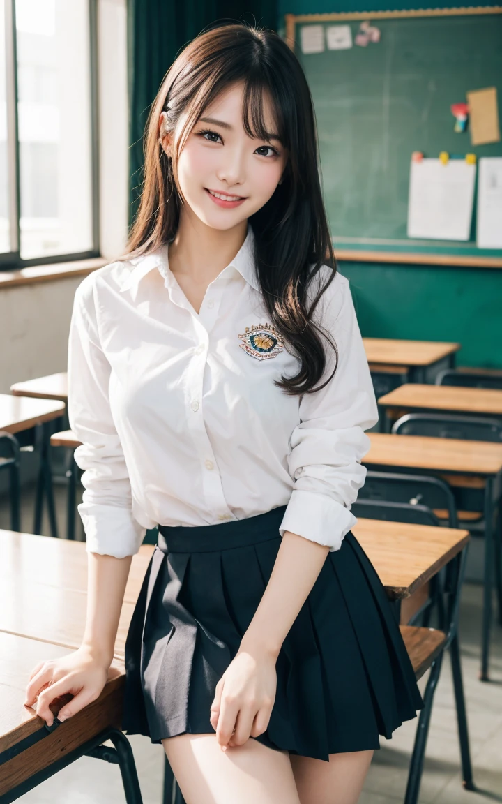 (1 girl), Black Hair, long hair, かわいいsmile, Brown eyes, (Very detailed美しい顔), Japanese high school girl, (classroom, Wooden desk and wooden chair), ((school uniform, black pleated skirt,White Shirt)), (highest quality), (Very detailed CG 統合 8k 壁紙), Very detailed, High-resolution RAW color photos, Professional photography, Realistic portraits, evening, Very high resolution, smile, cherry blossoms,7 Head to Body、Natural Breasts
