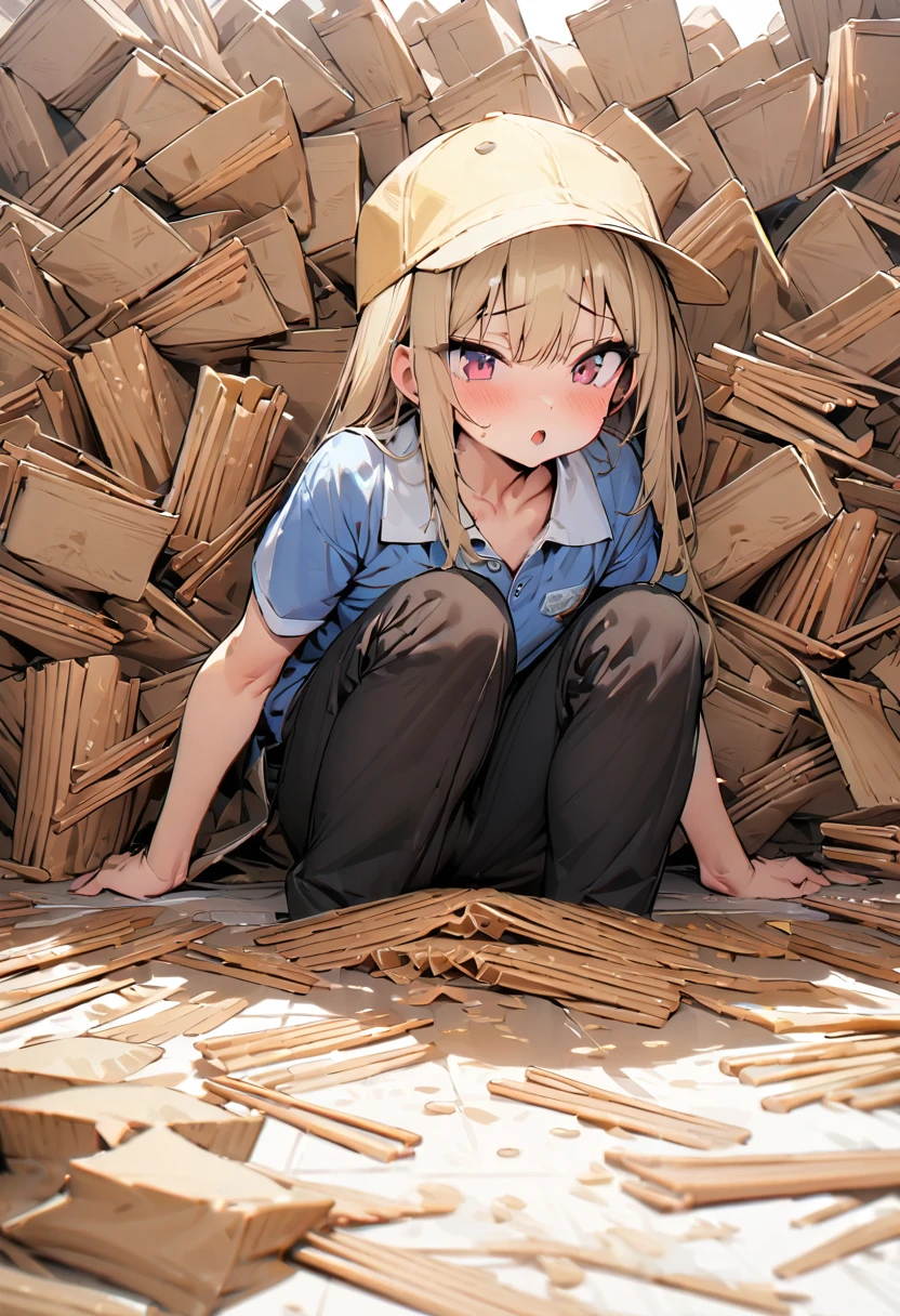 ((too many beige disposable chopsticks on the floor)),(best quality, masterpiece, ultra highres, ultra-detailed:1.2) , top-tier quality, ten girl,plain Yellow cap,plain Sky-Blue Polo-Shirt,black pants,blank space,white background,White floor,
