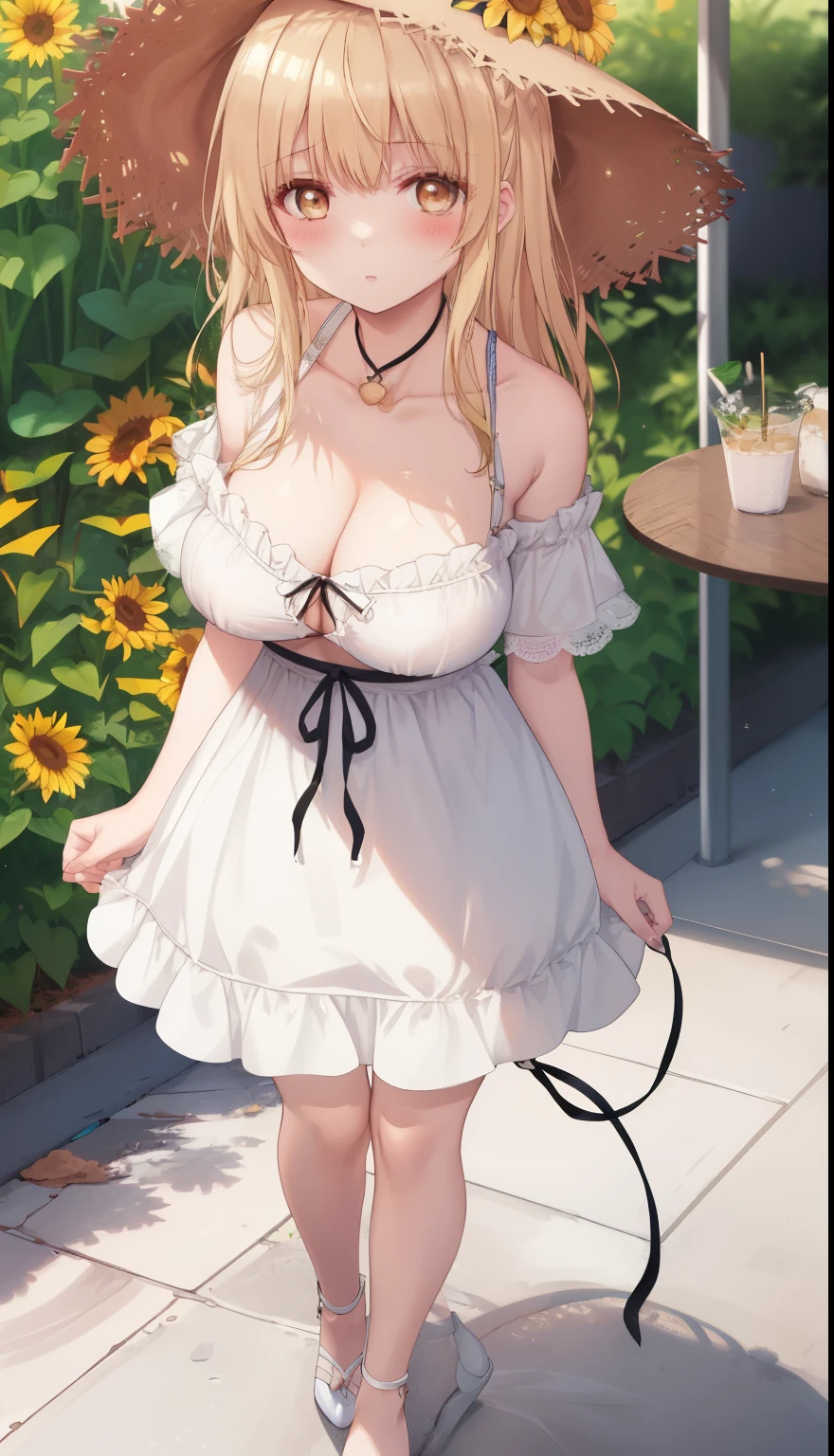 One Girl、Blonde、Long Hair、Shiina Mayu、positive、Standing posture、Full body portrait、Medium Haircut、blush、Absolute area、No panties、No bra、barefoot、White dress、Off-the-shoulder dress、（Very large breasts）、Cleavage、((Lesbians around the world))、masterpiece、（highest quality）、barefoot、((White high heels))、Bare your breasts、sunflower、Outdoor、Very short skirt、Thighs、Straw hat、((Exposing the breasts))、((Bare your breasts))、((Showing nipples))