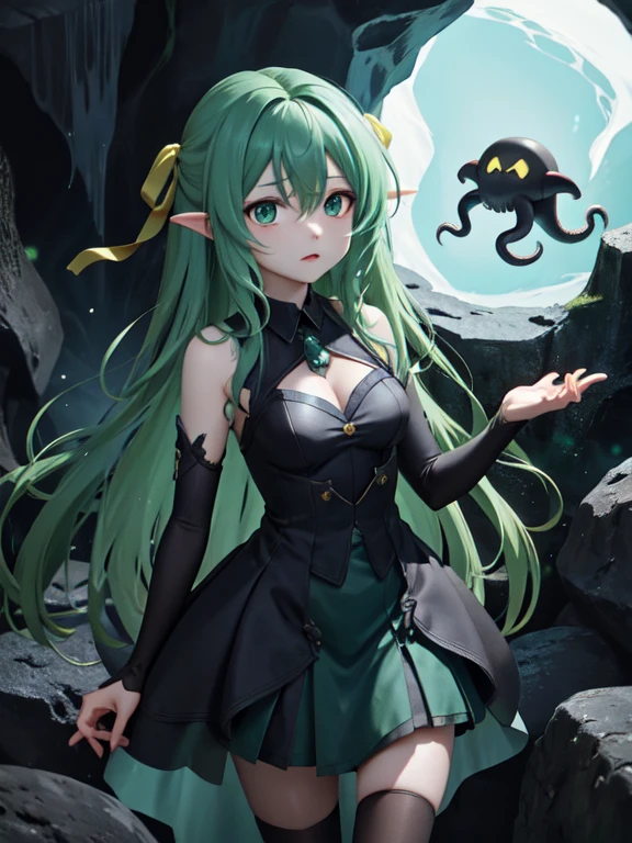 In a deep sea cave、A scene with an anthropomorphic female Cthulhu standing。A blue-green light flickers around her.、Tentacles wrapped around the rock wall。Dressed in a gothic dress、The eyes emit a mysterious light。The contrast of shadow and light in the cave、Make her presence stand out even more。、
Sonozaki Shion, green hair, green eyes, long hair, yellow ribbon, 