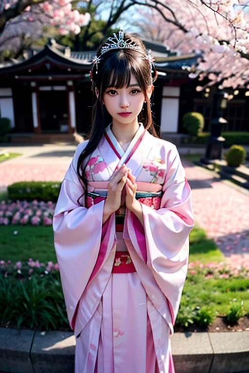 goddess　１２unlined kimono　The color is lustrous　upright　Joining hands in prayer　looking at the camera　Background is cherry blossoms　Front view　　tiara　Upper Body　big