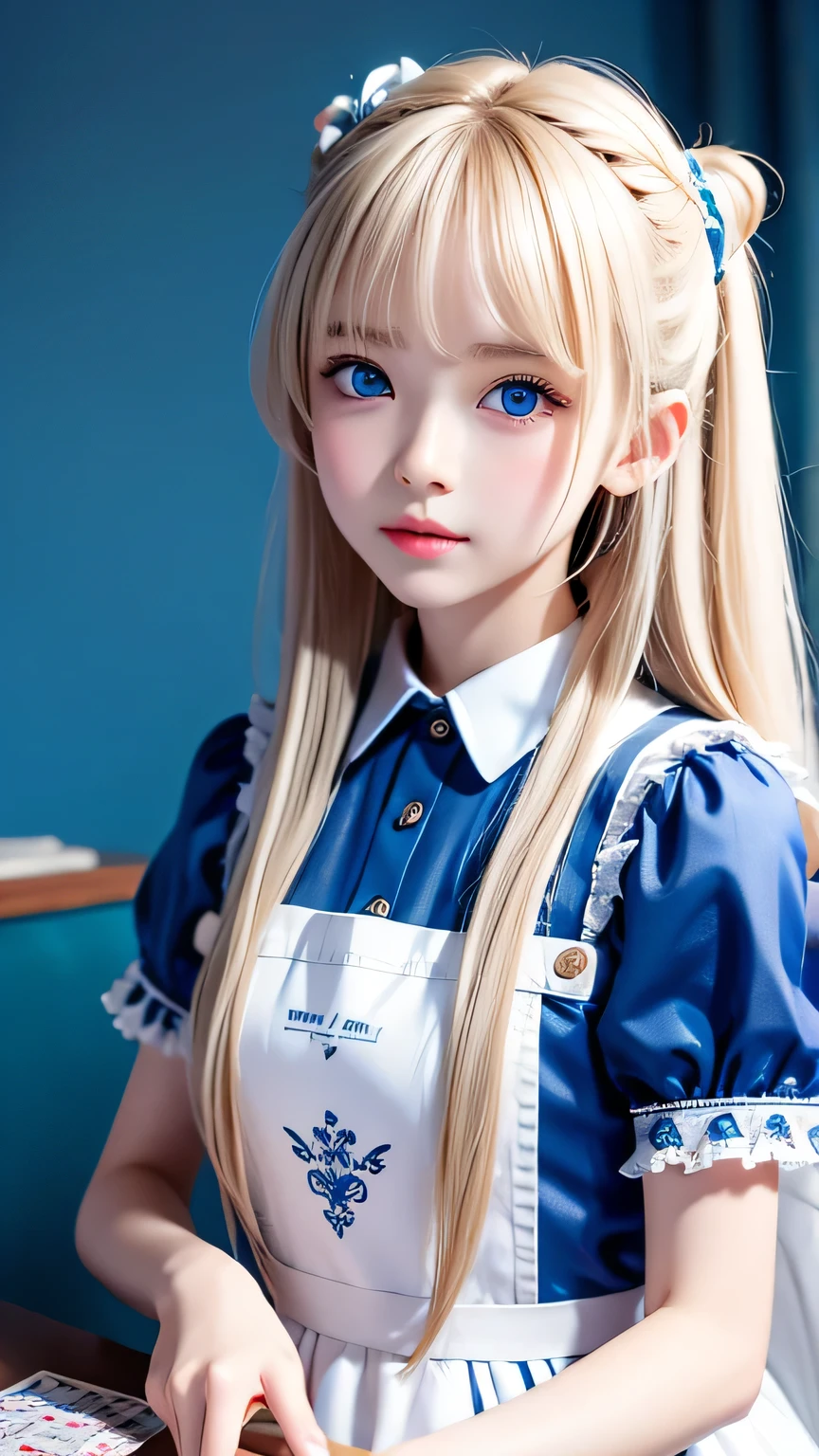 highest quality、Ultra-high resolution、photograph、Cute girl photograph、Detailed cute and beautiful face、(Pure Eros Face_v1:0.008)、Alice in Wonderland、、White, shiny skin、Platinum blonde super long straight hair、Beautiful big blue eyes、bangs、White Apron、Blue Dress、Background with playing cards pattern、No makeup