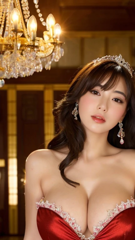 quality, masterpiece, High definition, 16K quality, beautiful , Super Fine Face,Japanese,Sexy Woman、palace, dress, chandelier、Big Breasts、A dreamy look