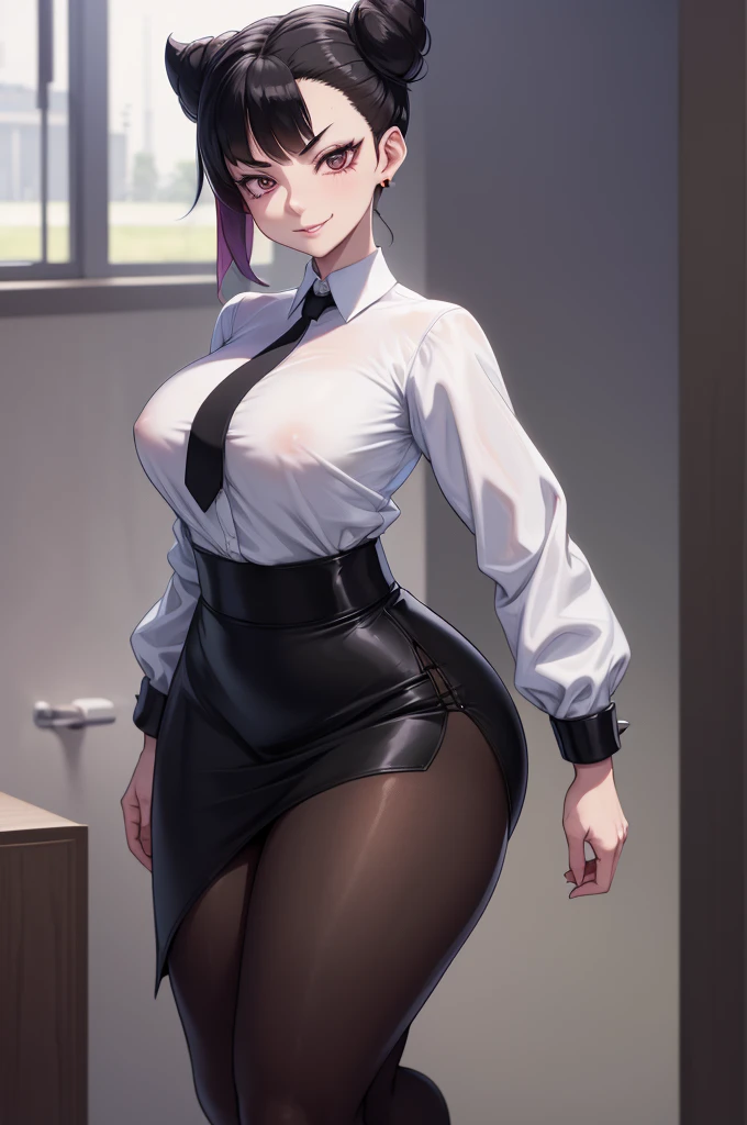 juri han, work of art, tight white secretary shirt with black tie, black high waist skirt, short skirt, short hair, black hair, black tights evil smile,oculos