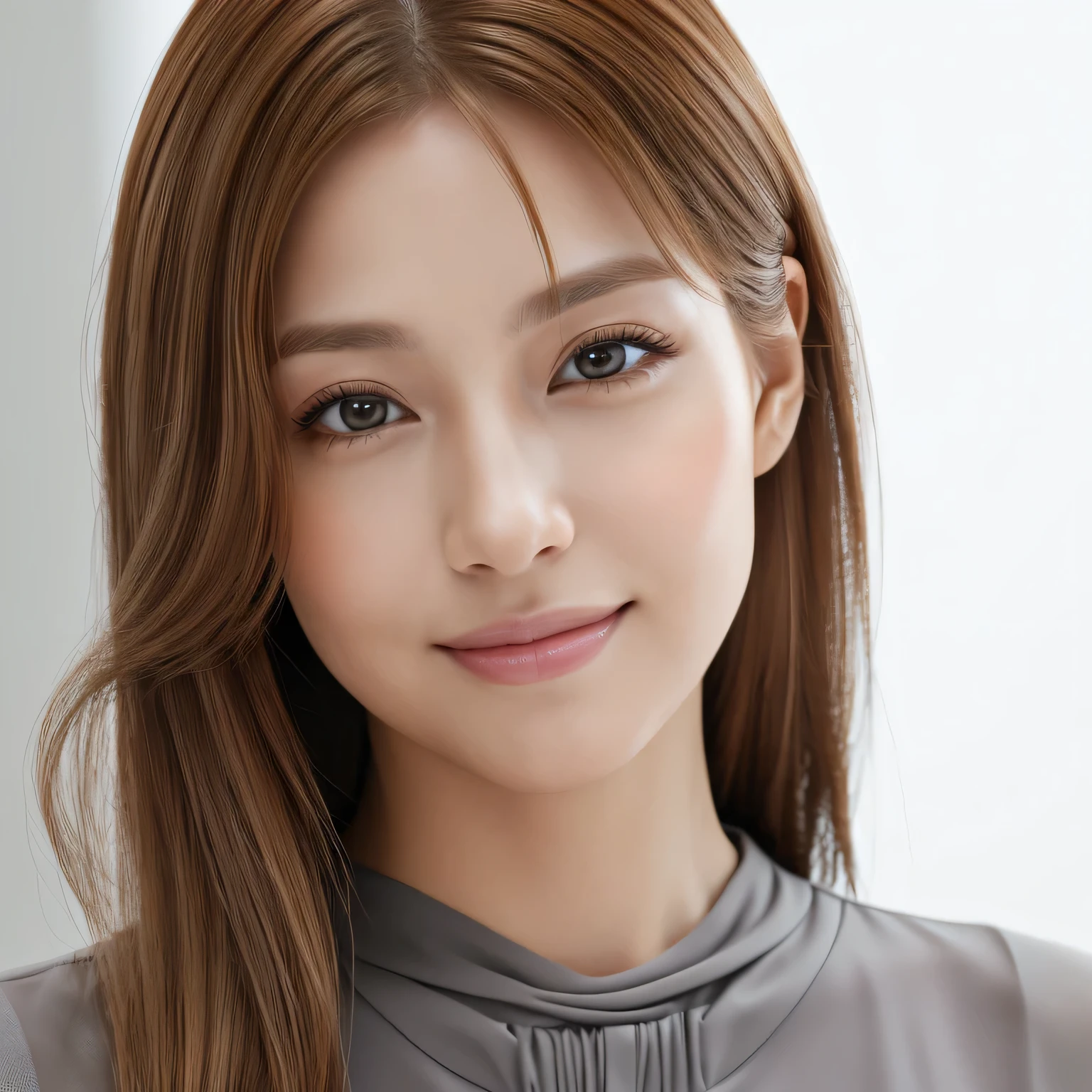 (((gray blouse))),((Mastepiece,Photorealistic)), (((8K,Best Quality: 1.5))), ((Super Detail: 1.5)) , Cute Woman,Beautiful woman,Japanese,Age 25,((White background)),Ultra-detailed facial features, smile, Detailed Texture, Natural Skin Shader, photograph,Ultra-high resolution,Beautiful Japanese women,(((best quality))),Realistic eyes,Brown eyes,Realistic Skin,Golden Ratio,((Brown Hair,Long Hair:1.3),Glowing, firm and radiant skin